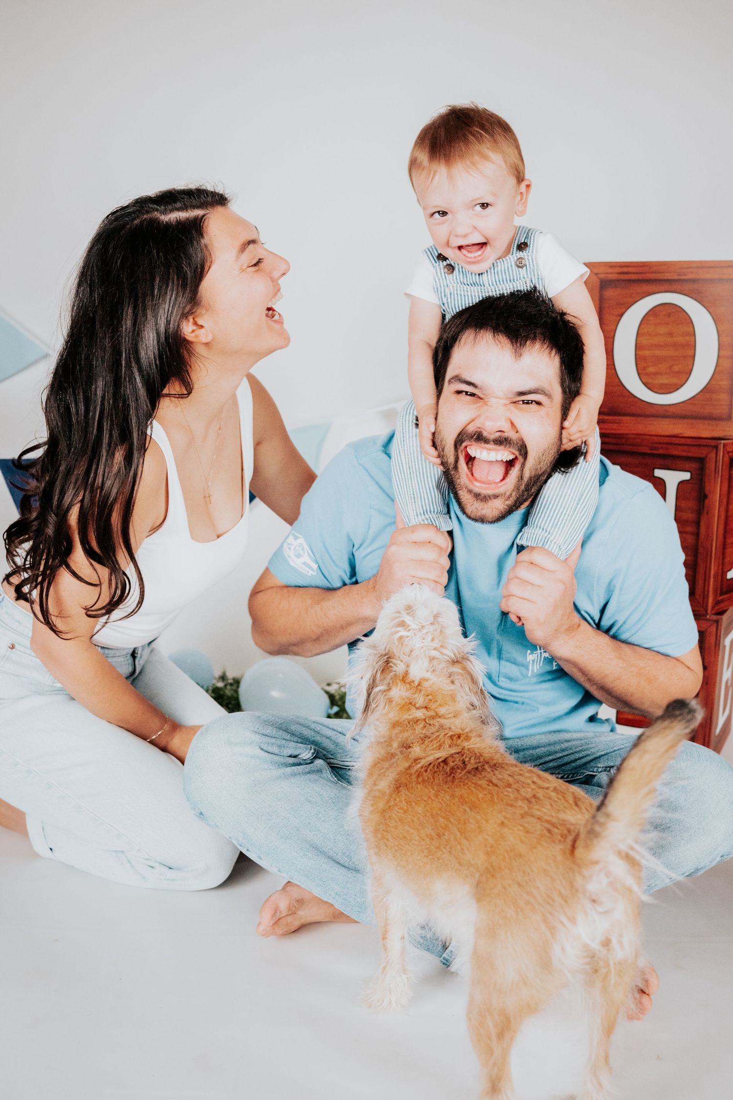 Excited family with baby on dad's shoulders and golden dog during first birthday shoot.
