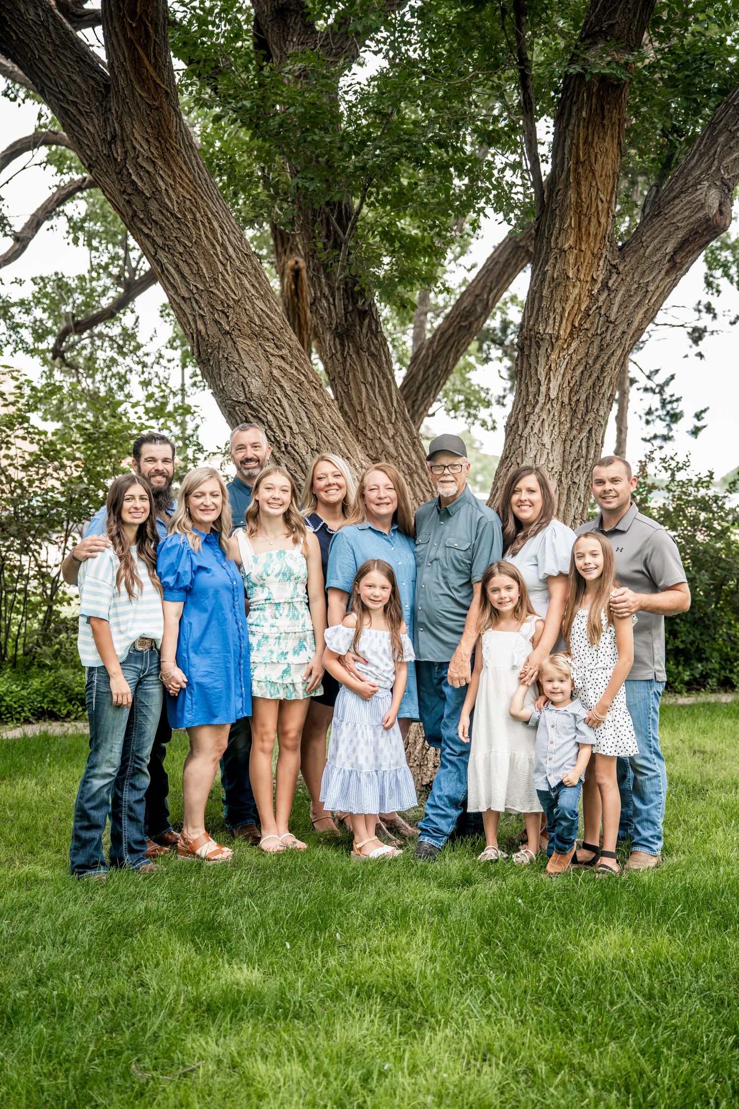 Large extended family of twelve posing together on green lawn beneath a massive tree.