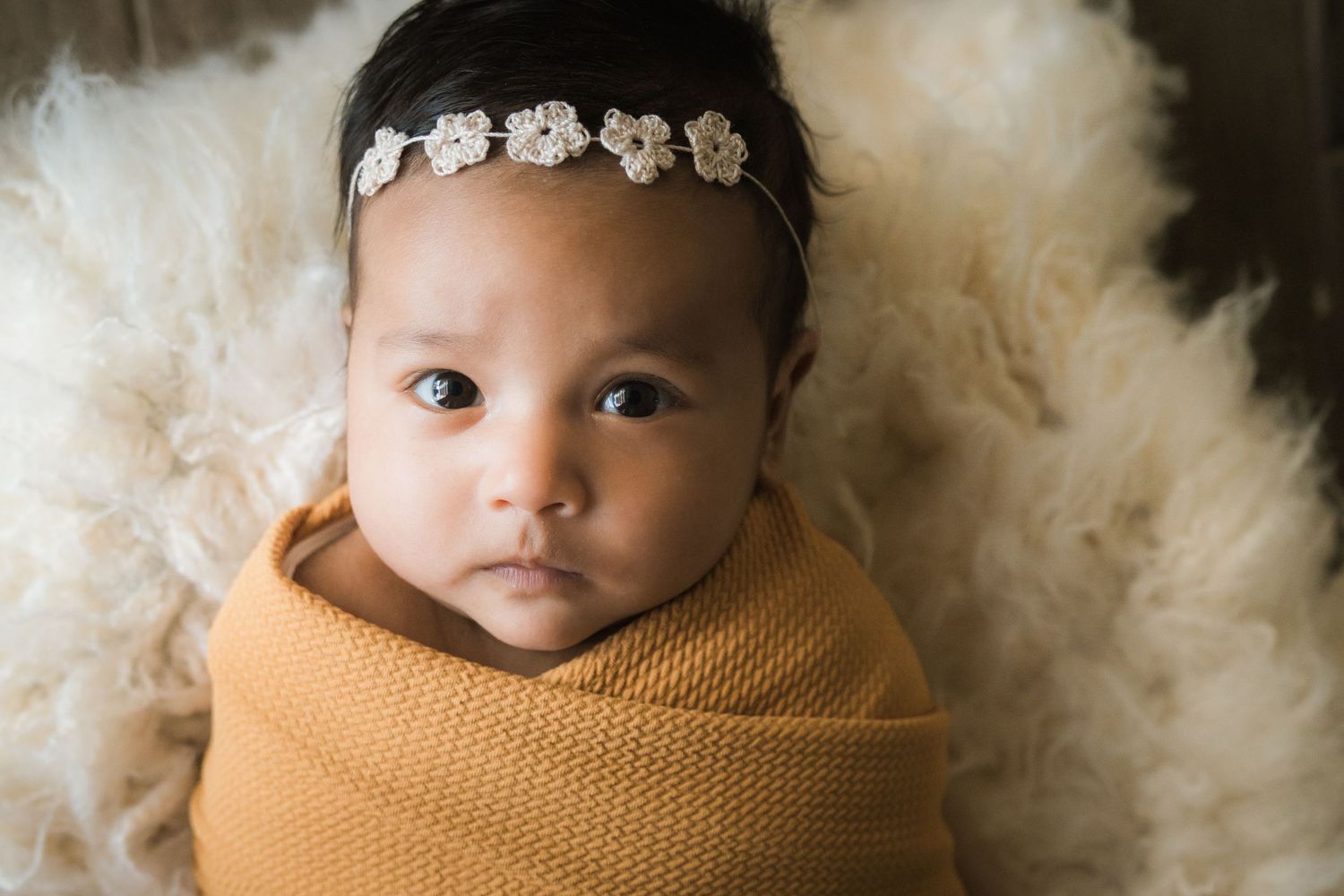 Alert newborn baby girl swaddled in mustard yellow wrap with delicate floral headband.