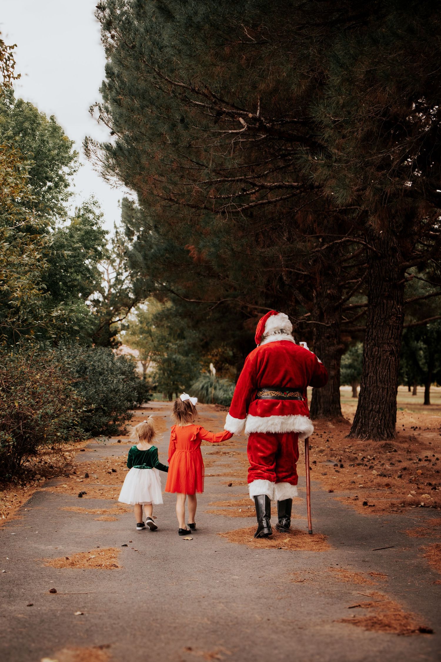 Santa Claus walks hand-in-hand with two young girls in holiday dresses along a tree-lined park path.