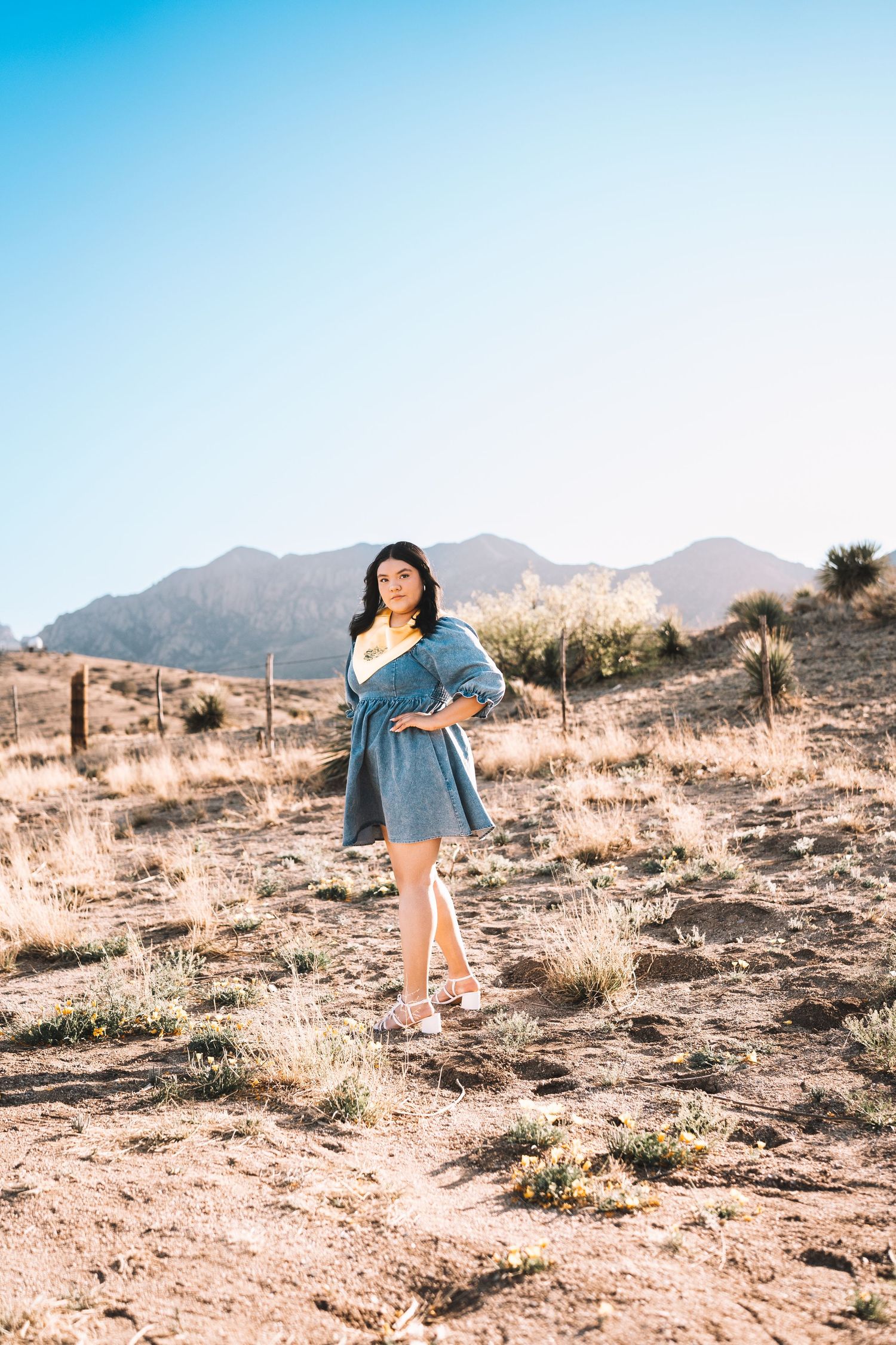 Young woman in denim dress posing in a sunny desert landscape with mountains in the background.
