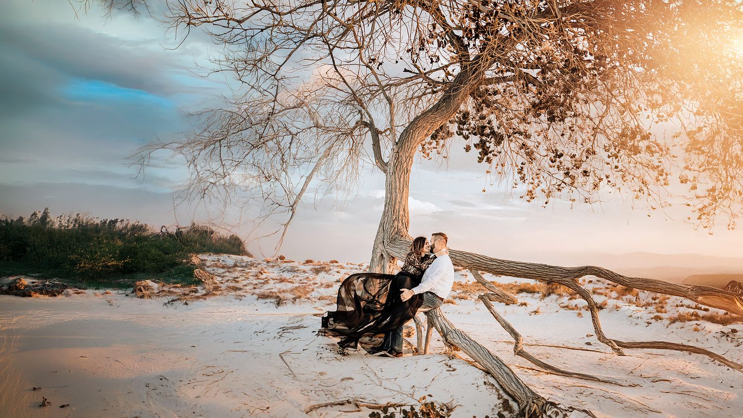 A couple relaxes under a golden-lit bare tree on a sandy terrain during a warm sunset.