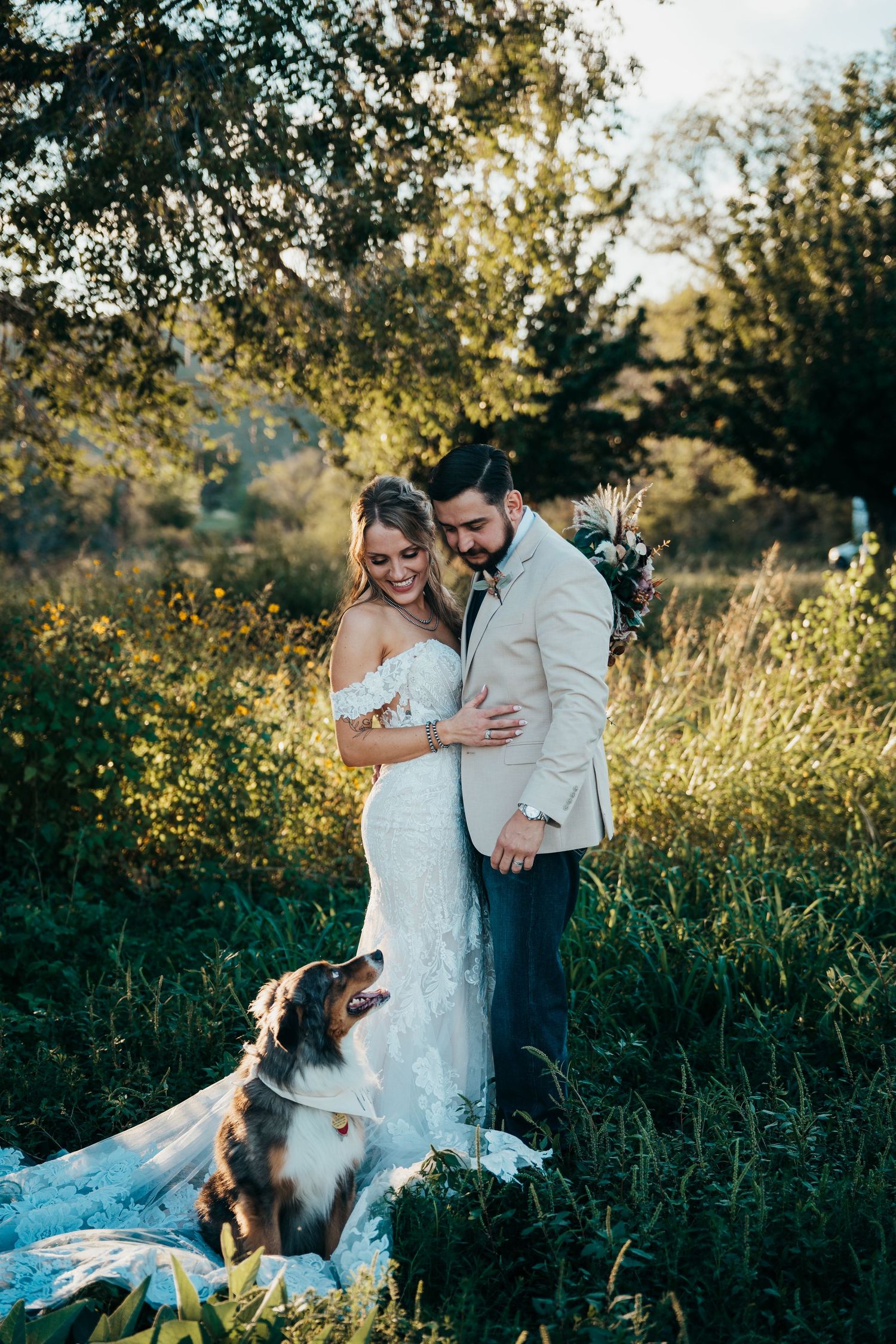 Wedding couple shares a tender moment in a sunlit field with their tri-color Australian Shepherd dog sitting beside them.