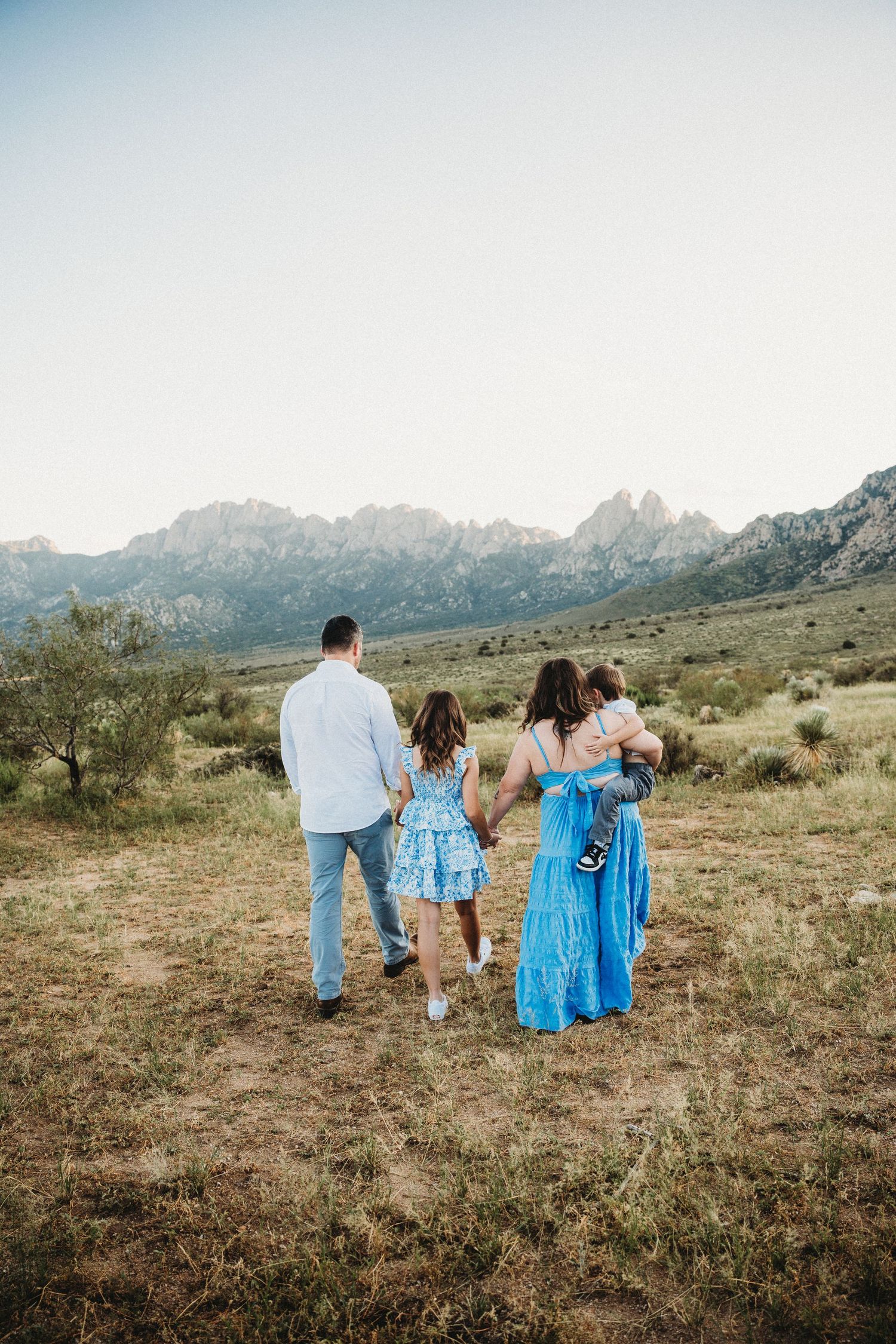 Family of four walking hand-in-hand toward stunning mountain range through open desert landscape.