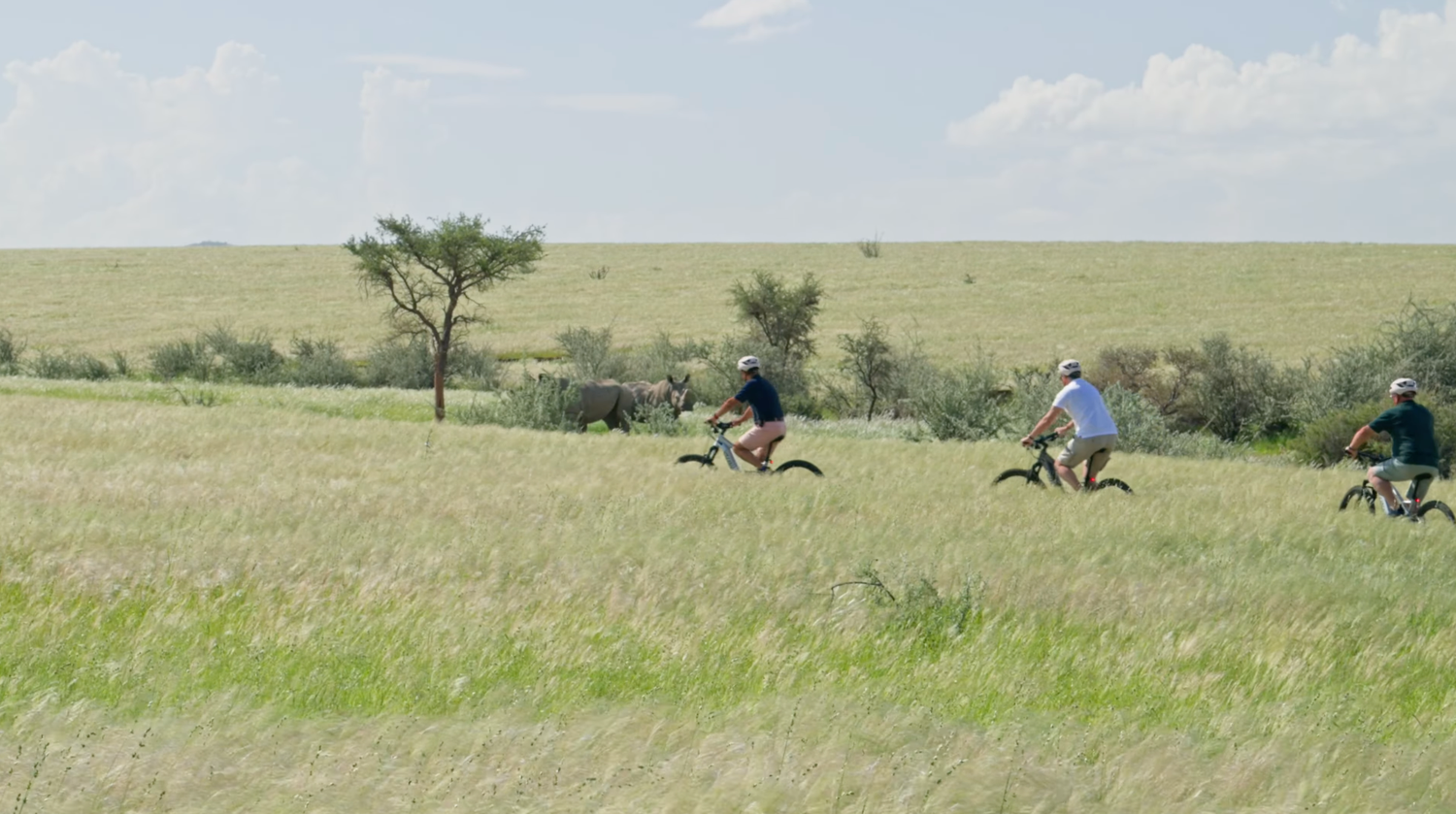 Cyclists riding through vast green African savanna grasslands with acacia trees under a blue sky.