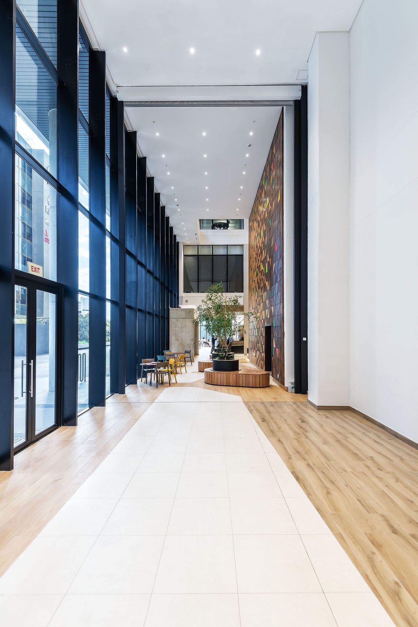 Bright modern office lobby with wood floors, floor-to-ceiling windows, and colorful wall art feature.