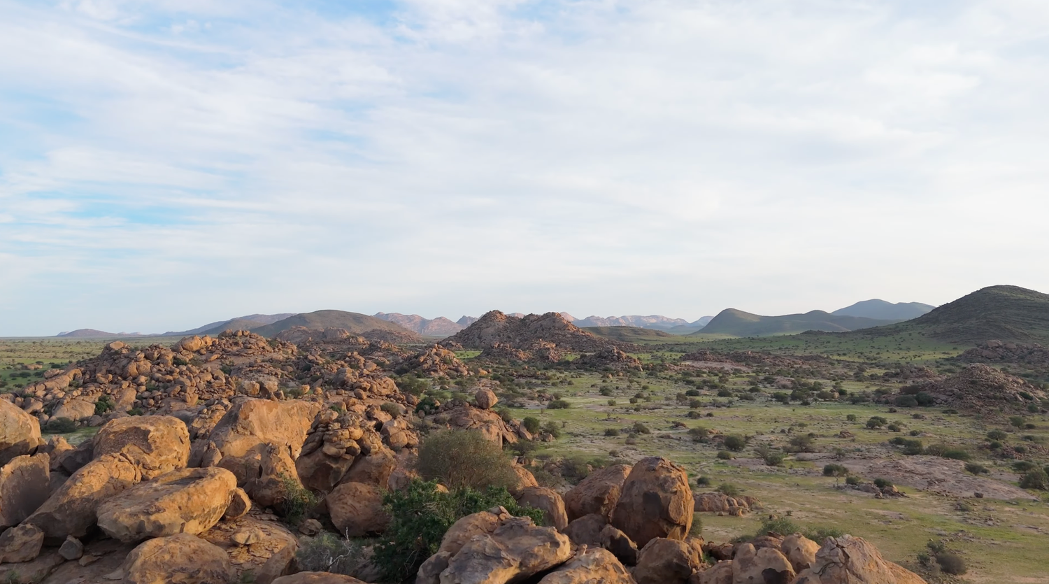 Rocky desert landscape with scattered boulders, sparse vegetation, and distant mountains under a partly cloudy sky.