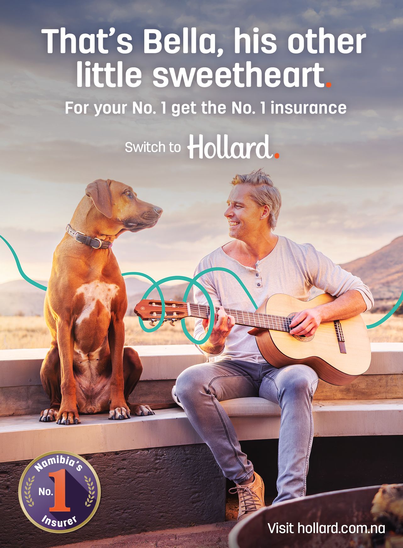 Man playing guitar with his dog Bella, promoting Hollard Insurance, Namibia's No. 1 insurer, at hollard.com.na.