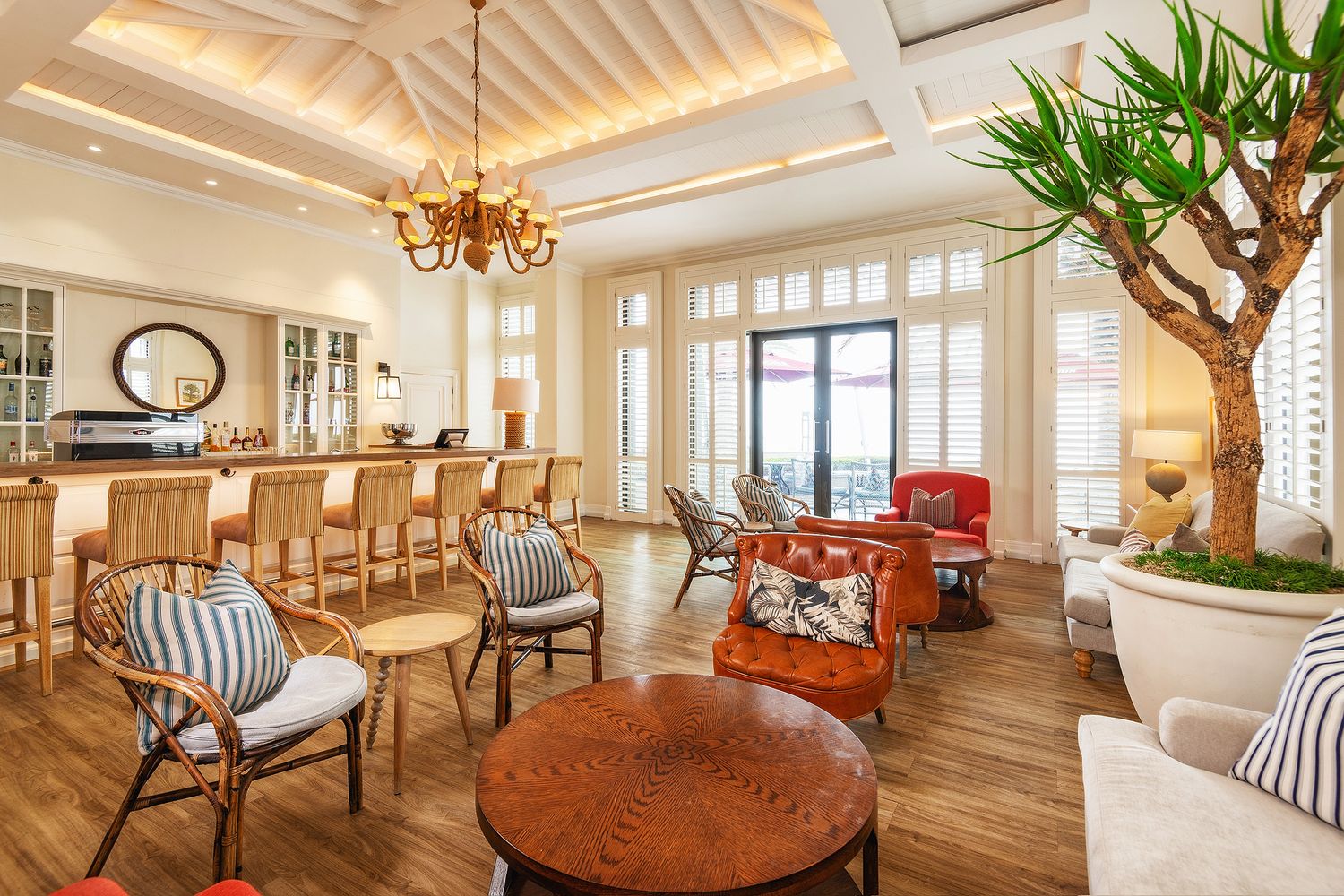 Elegant tropical lounge with rattan chairs, wooden tables, bar seating, chandelier, and a large indoor tree near bright windows.