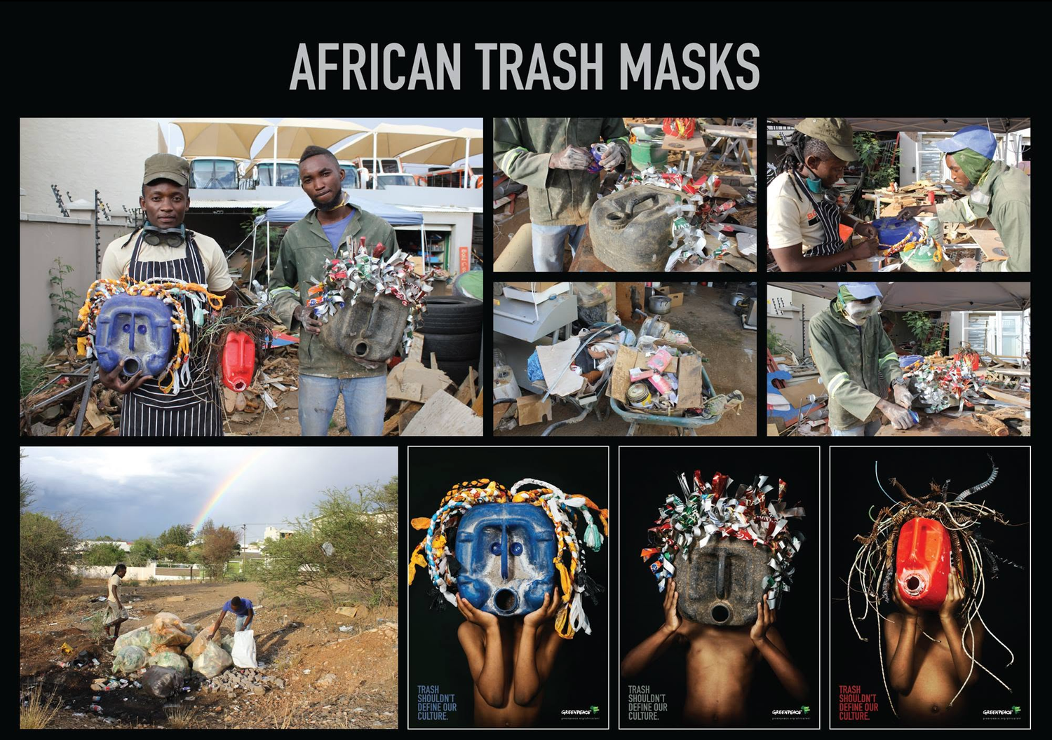 African artist creates colorful masks from recycled trash and waste materials, displayed in a collage of photos and artistic posters.