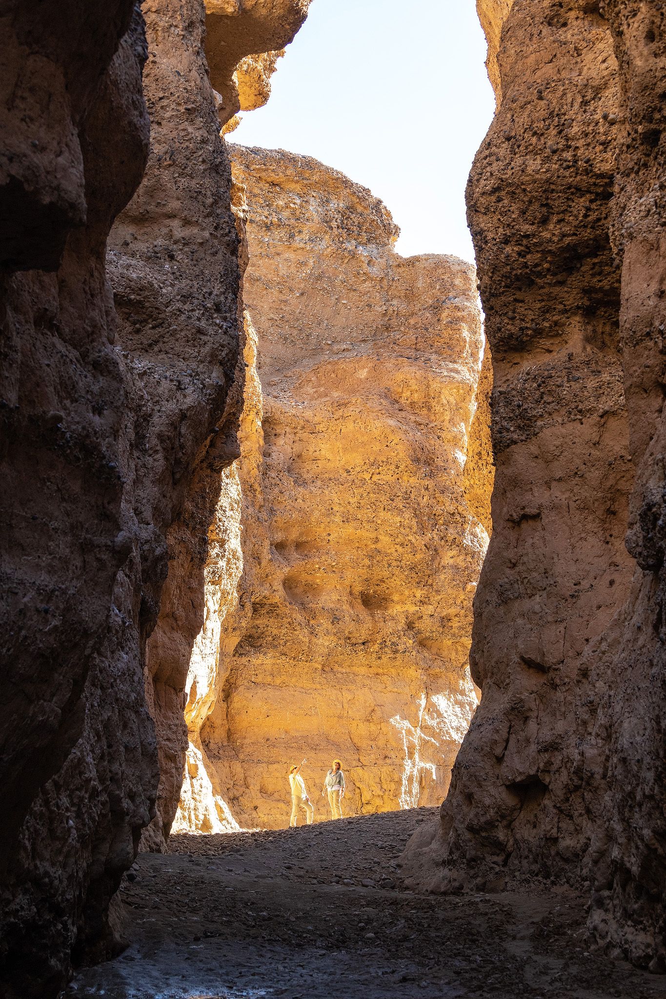 Narrow canyon slot with towering golden sandstone walls illuminated by bright sunlight in a desert landscape.