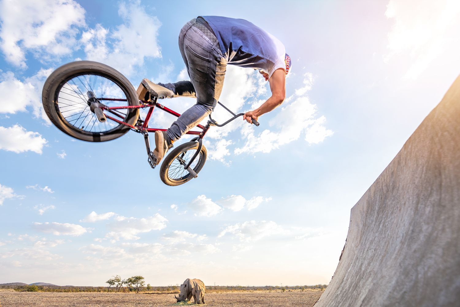 Young BMX rider performing a high aerial trick at a skate park on a sunny day with blue skies.