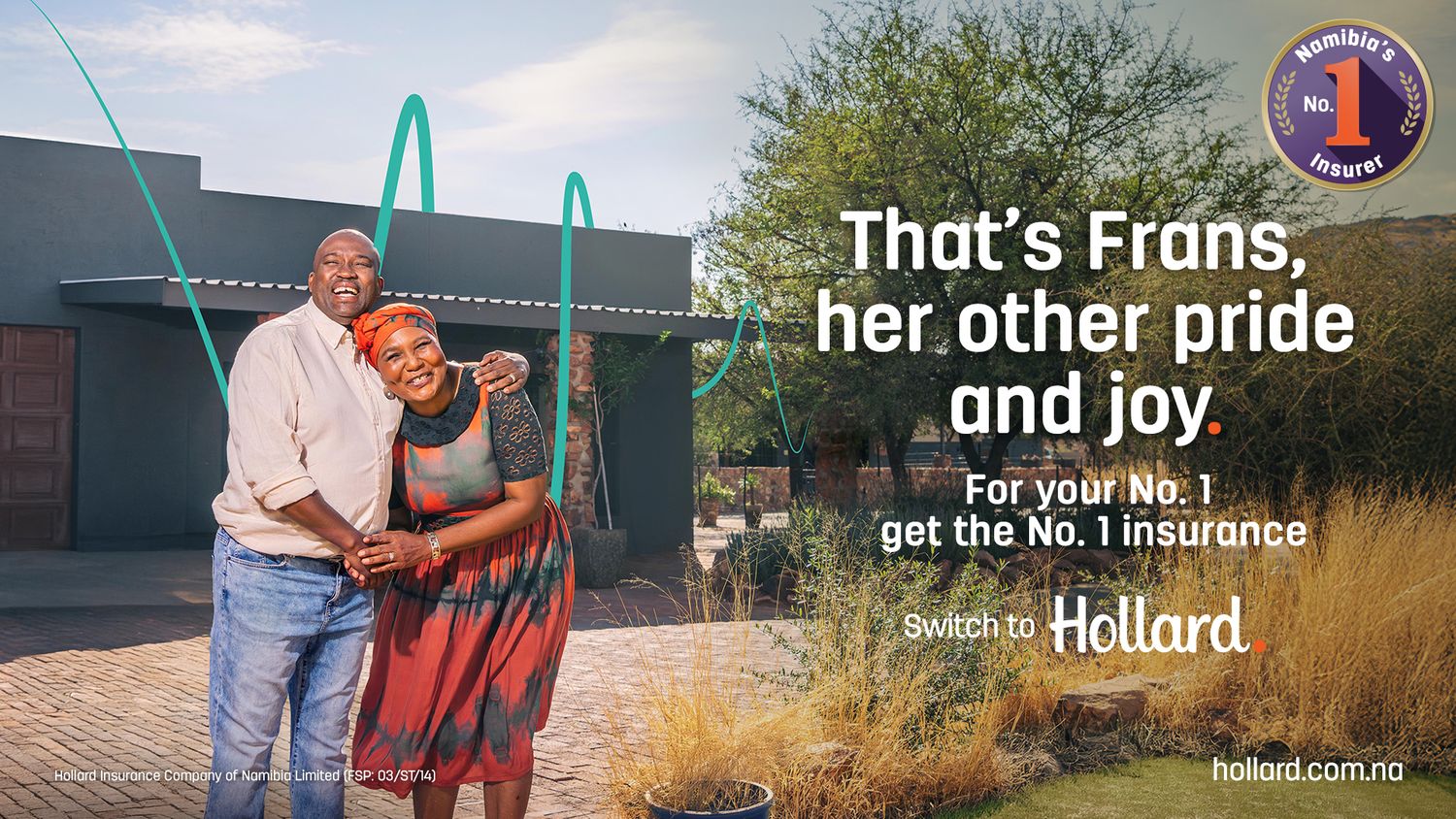 A couple embraces outdoors in a Hollard Insurance ad, with the tagline That's Frans, her other pride and joy.
