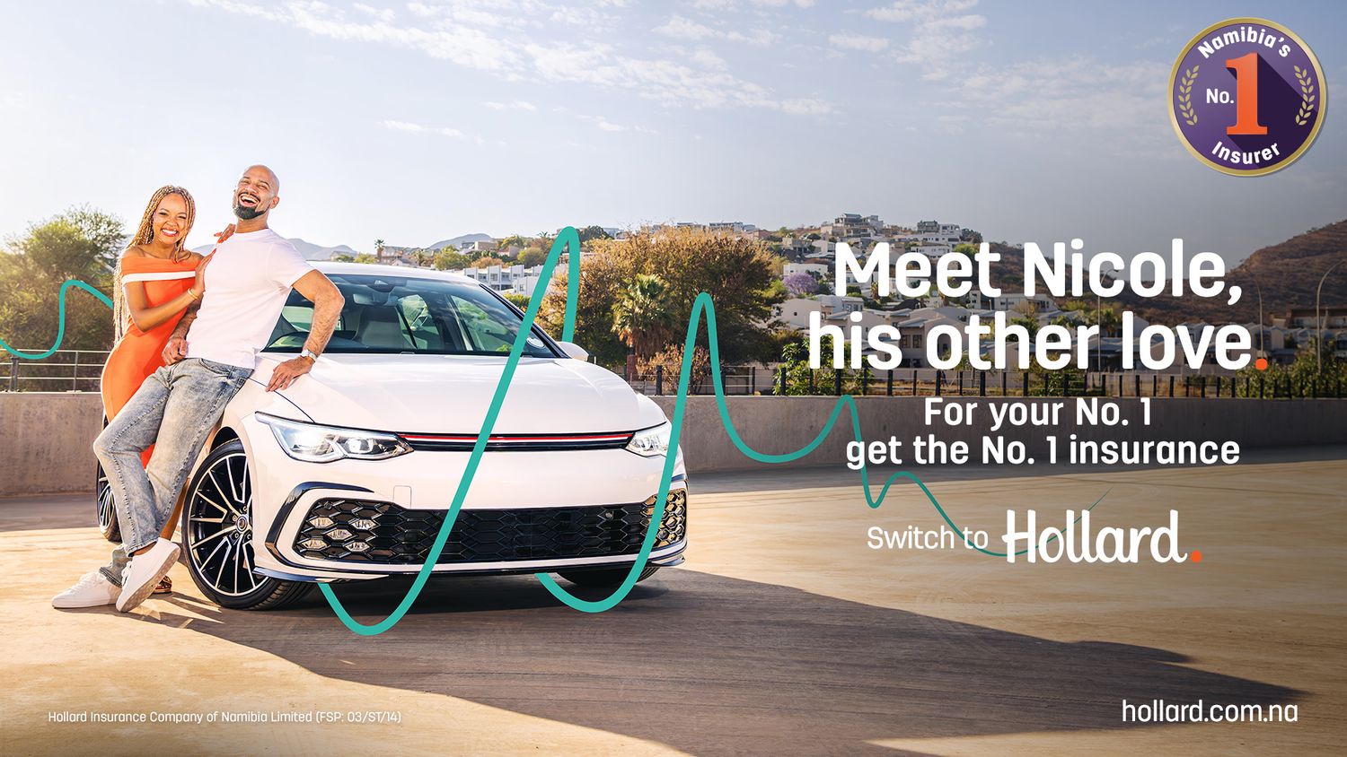 A couple poses with a sleek car in a Hollard Insurance ad, promoting their No. 1 rated coverage with the tagline Meet Nicole.