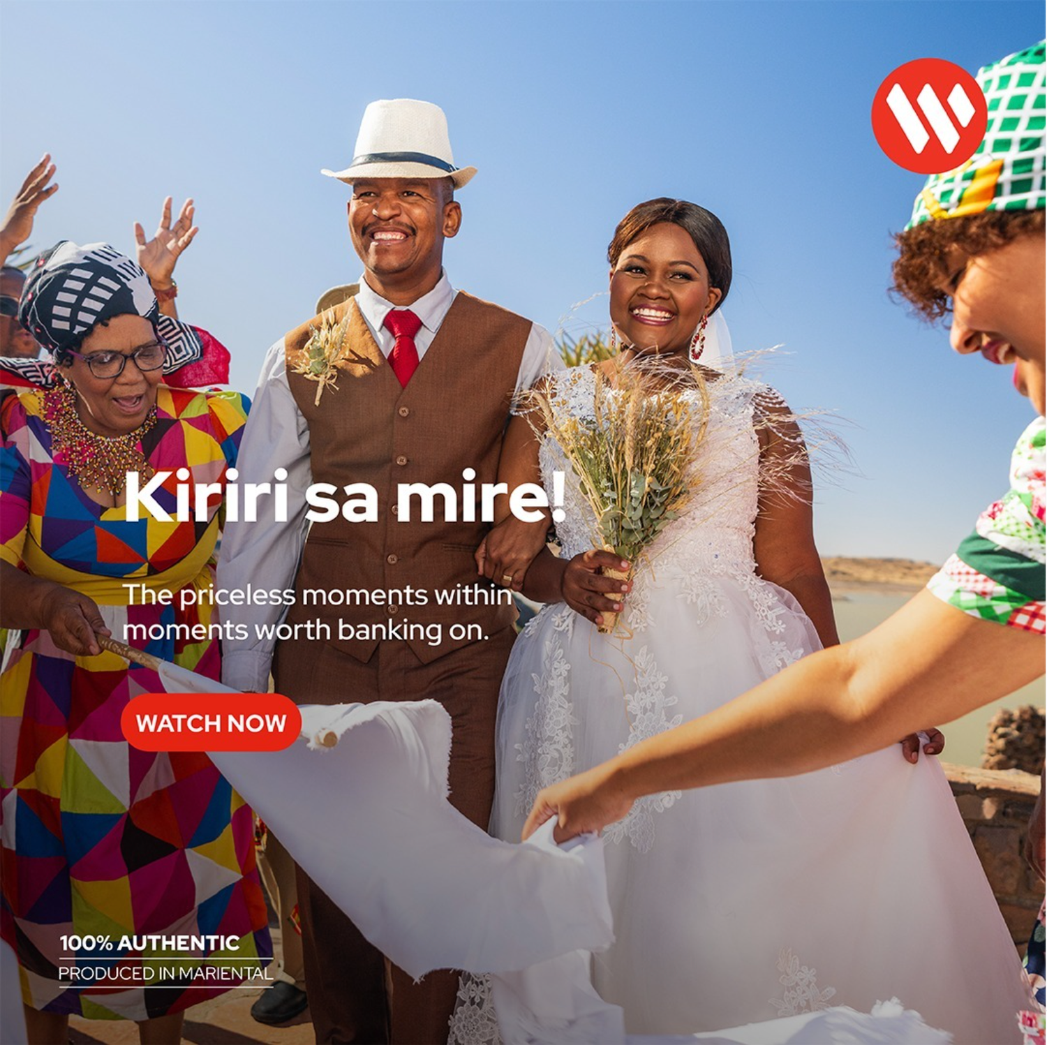 A joyful wedding celebration with a smiling bride in white and groom in brown suit, promoting Wema Bank's authentic moments.
