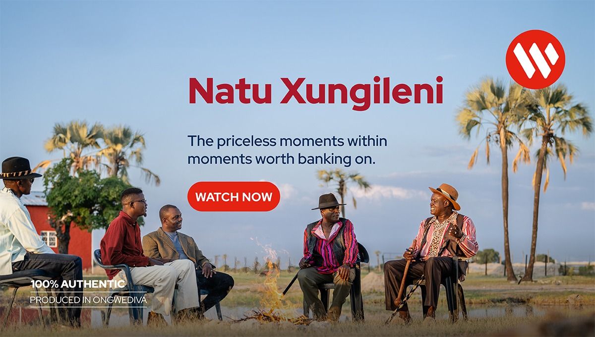 Natu Xungileni film promotion banner featuring a group of people sitting outdoors, with tagline about priceless banking moments.