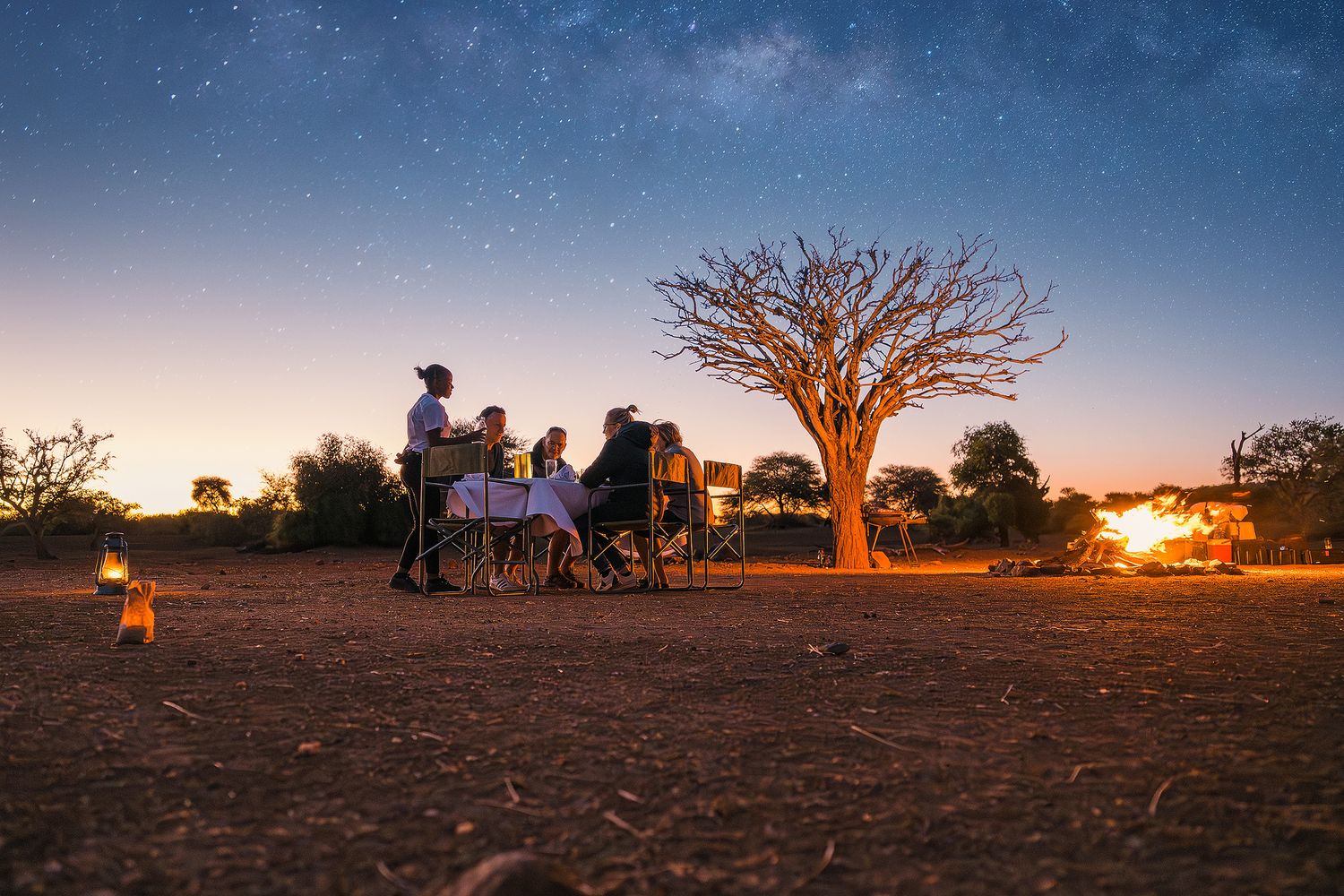 Group dining under starry night sky beside baobab tree with campfire glow in African wilderness.