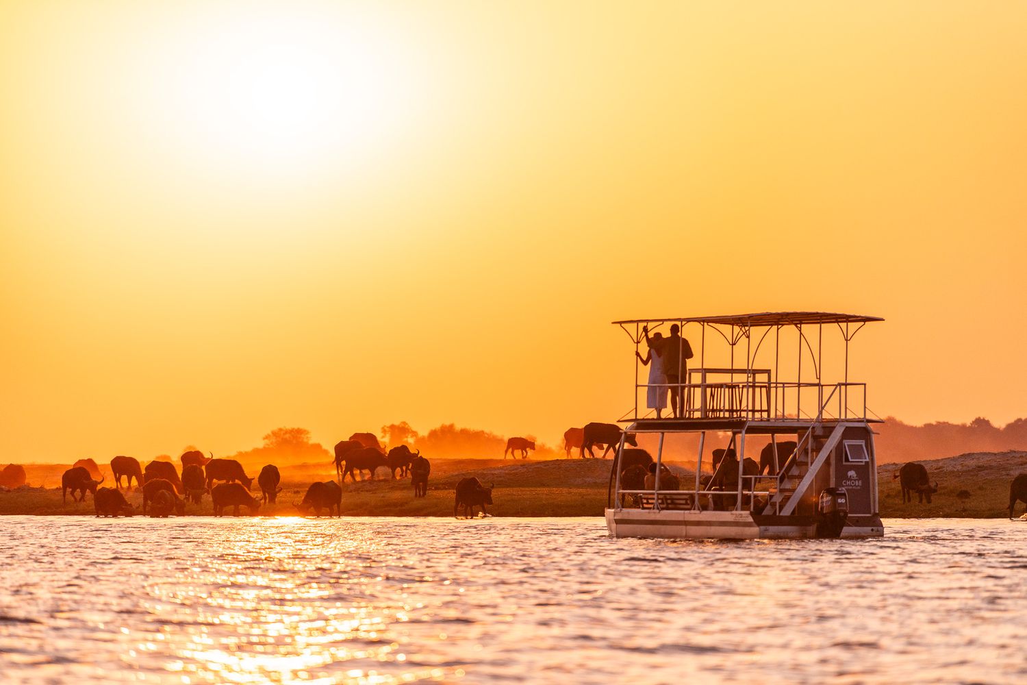 Safari boat with tourists observing elephants along the riverbank during a vibrant African sunset.