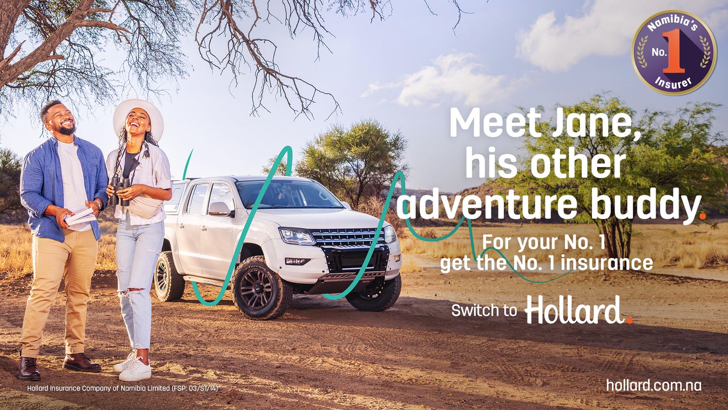 Hollard Insurance ad featuring a man and woman standing by a white SUV in an African landscape with the tagline Meet Jane.