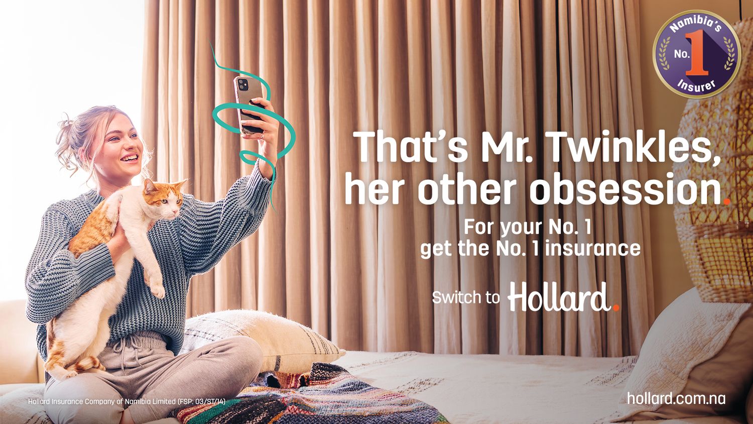 Woman taking selfie with orange cat on bed, Hollard Insurance ad featuring Mr. Twinkles, promoting No.1 insurance.