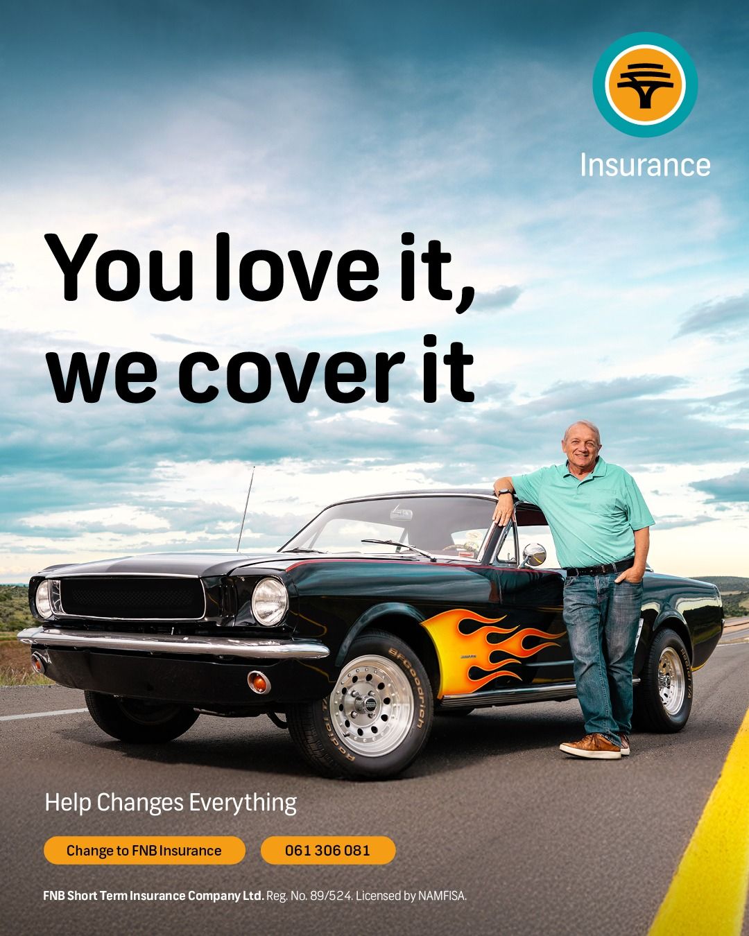 FNB Insurance ad featuring a man leaning on a classic black muscle car with flames, promoting vehicle coverage on an open road.