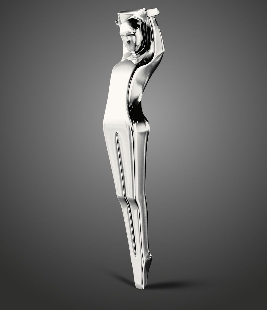 Polished chrome sculptural figurine resembling elegant legs in ballet pose, modern art design on gray background.