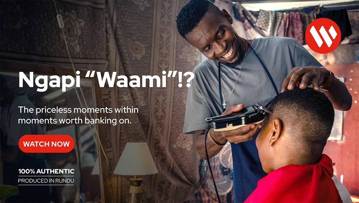 A barber smiles while cutting a young boy's hair in a Wami Bank ad highlighting priceless banking moments.