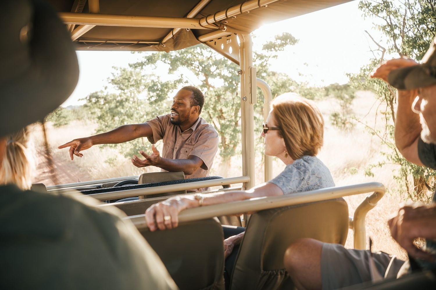 Safari guide pointing out wildlife to tourists seated in an open game drive vehicle in a sunny African bush setting.