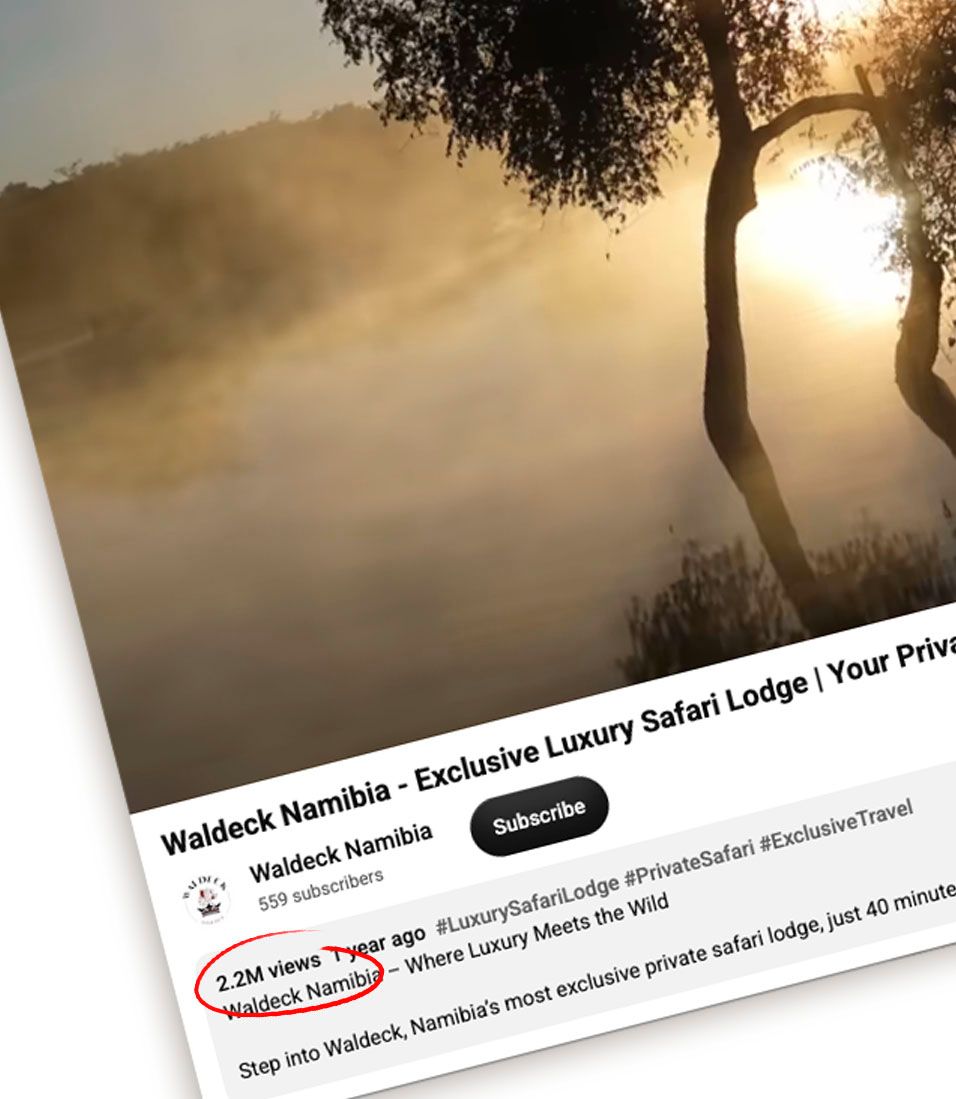 YouTube video thumbnail for Waldeck Namibia luxury safari lodge with 2.2M views, showing a misty African landscape at sunrise.
