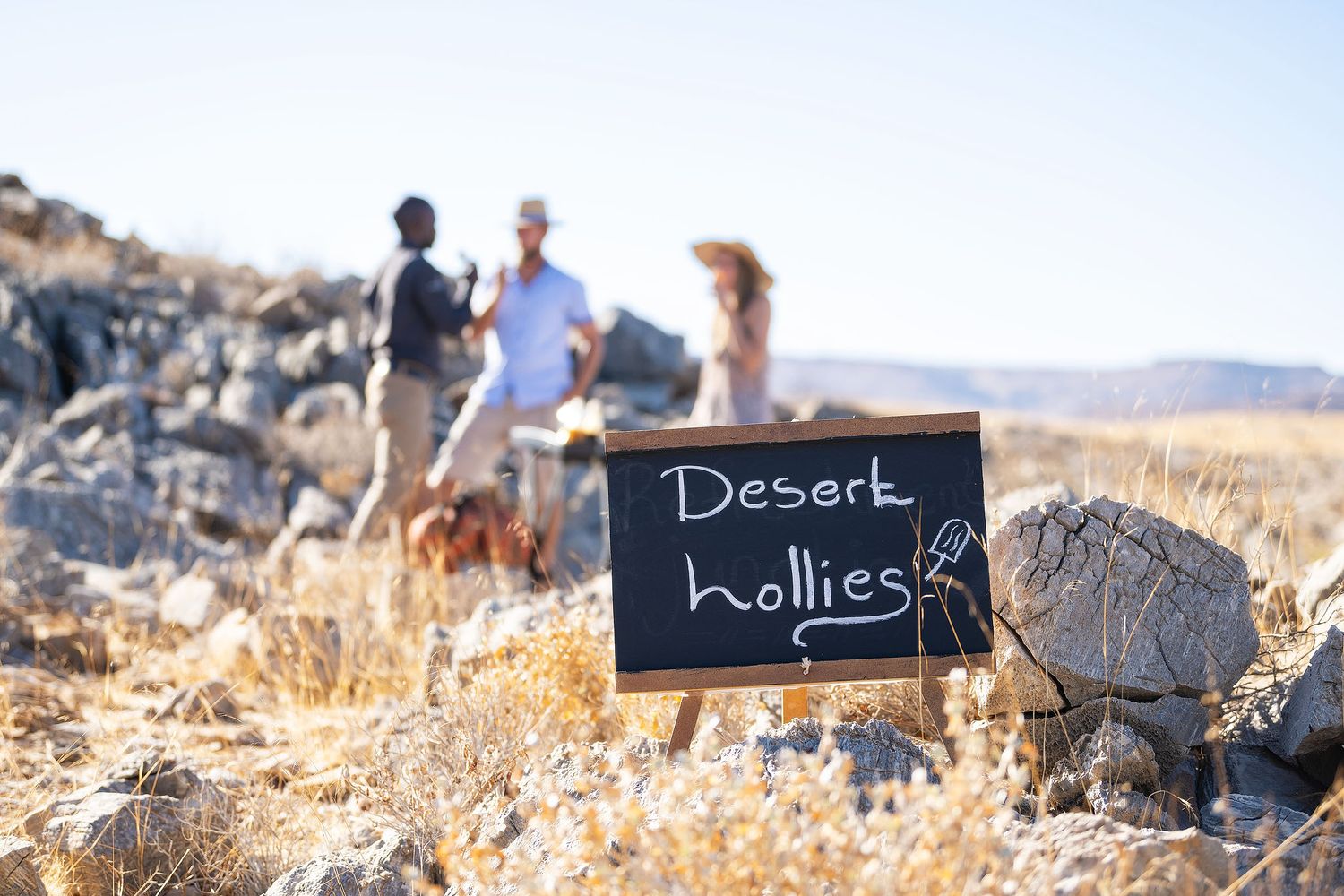 Chalkboard sign reading Desert Hollies in rocky desert landscape with three people conversing in background.