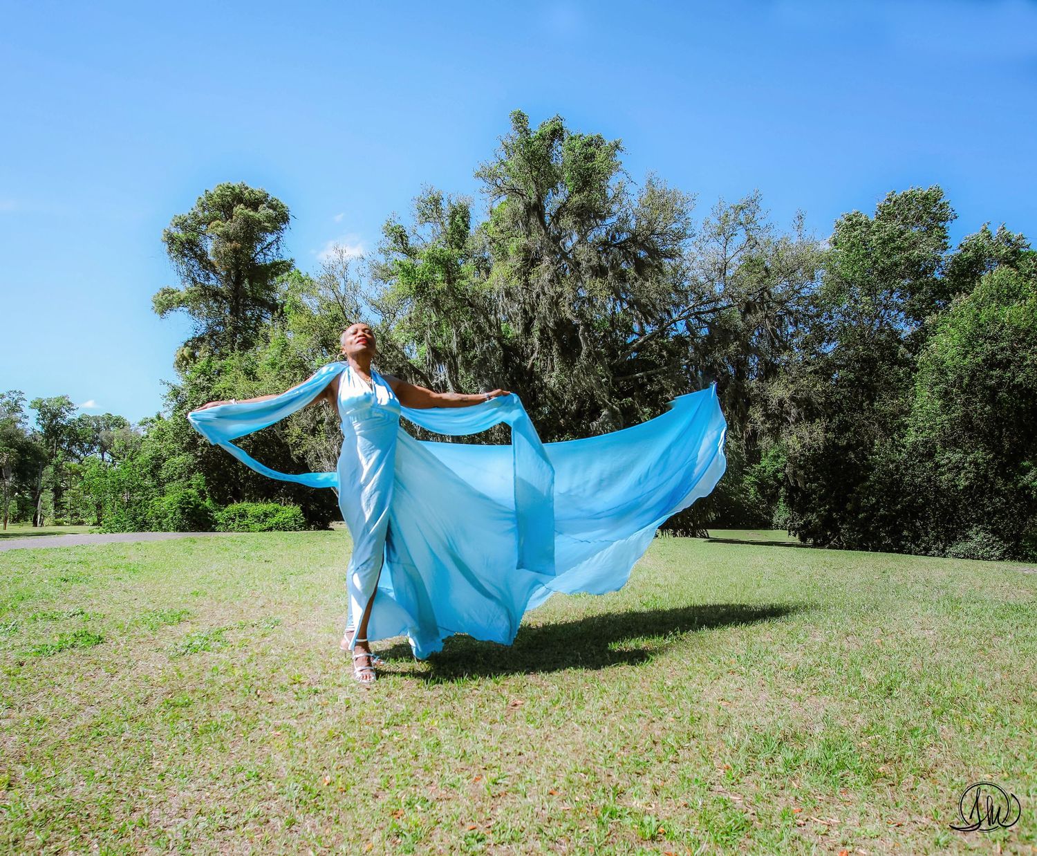 Flying dress photography Jacksonville FL - woman in blue gown at Blue Cypress Park