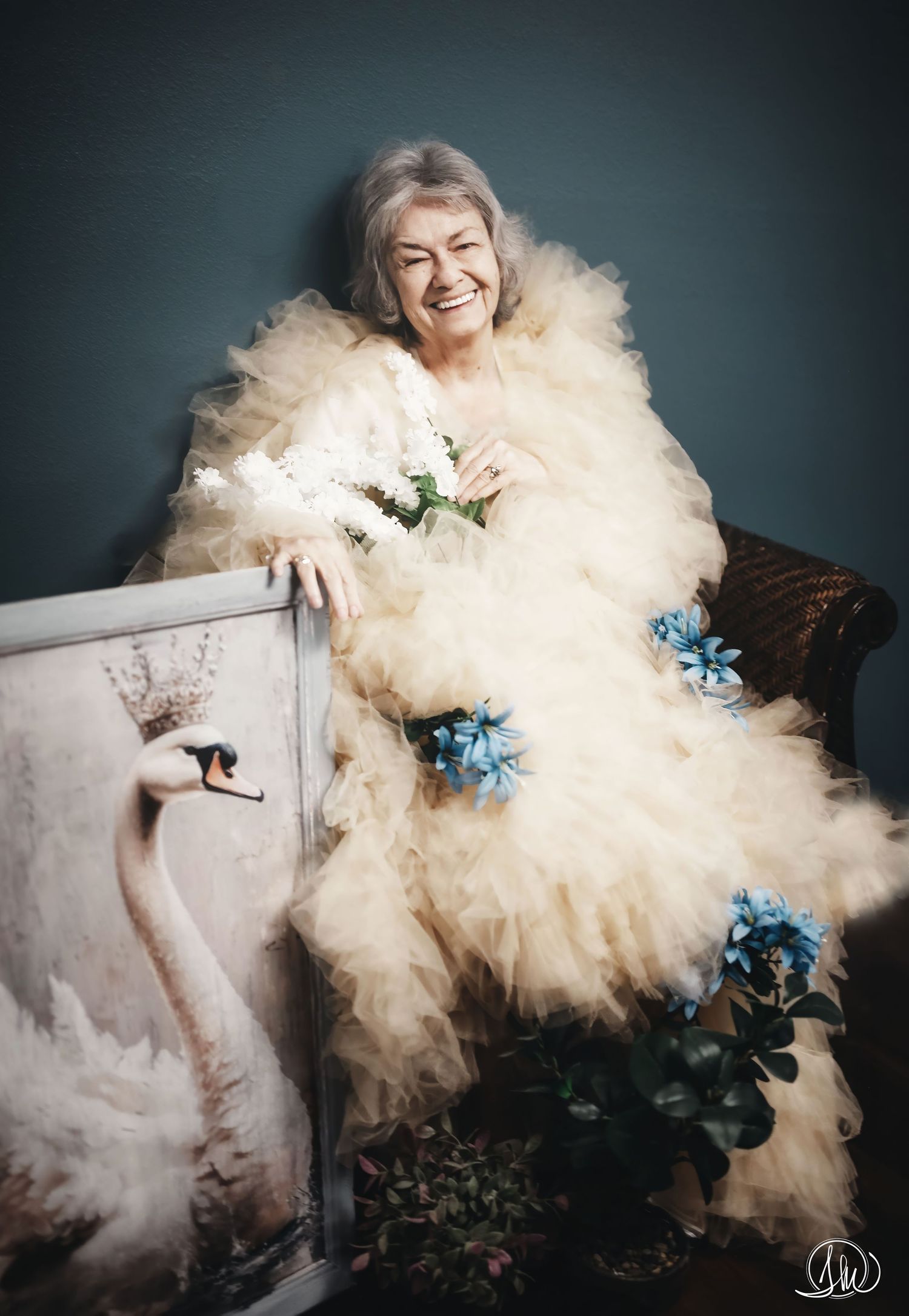 Elderly woman laughing in luxury tulle robe - Present Project portrait session Jacksonville Florida - Tina Minshall Photography