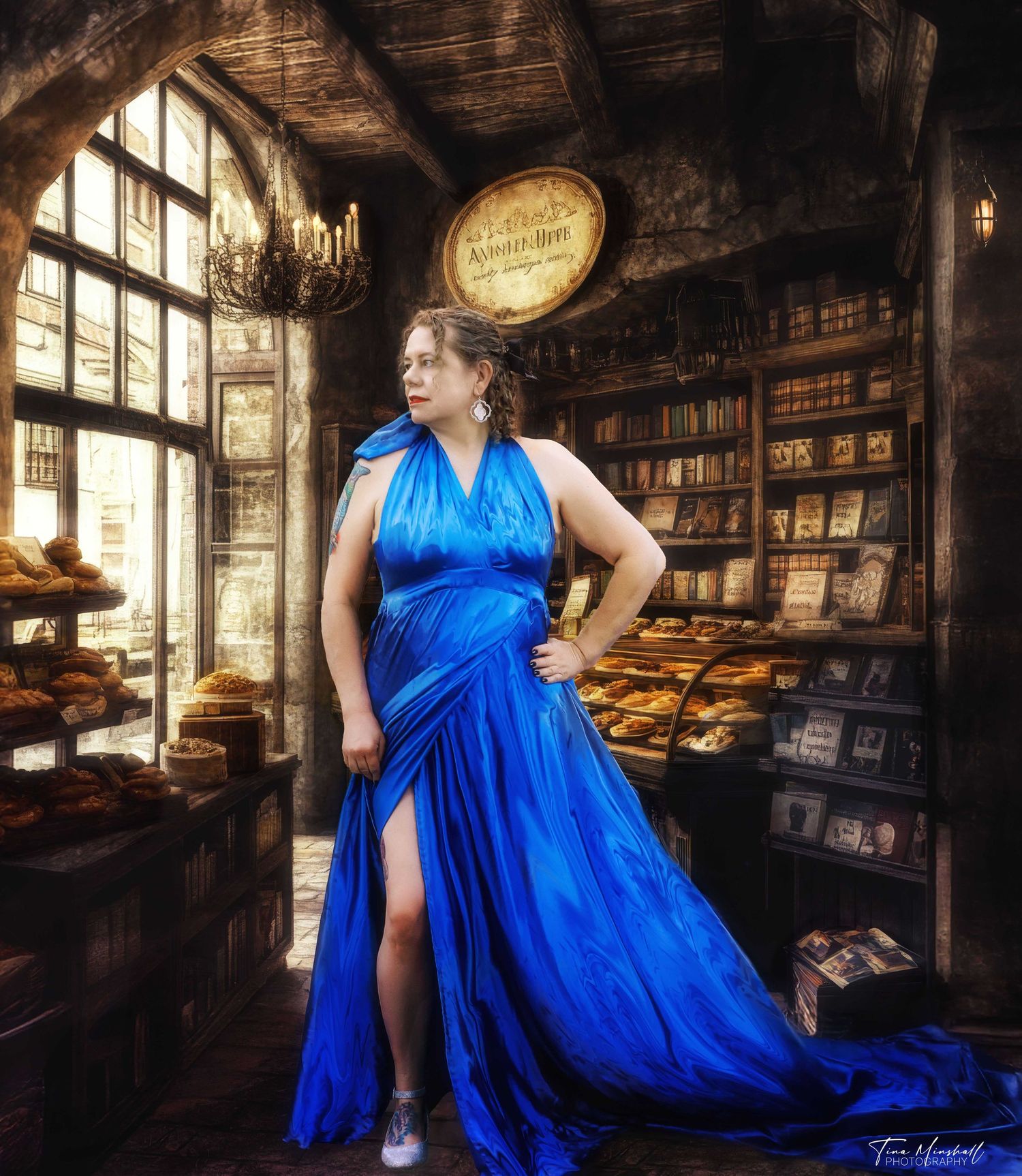 Woman in elegant blue gown poses in rustic bakery shop with wooden shelves and warm lighting.