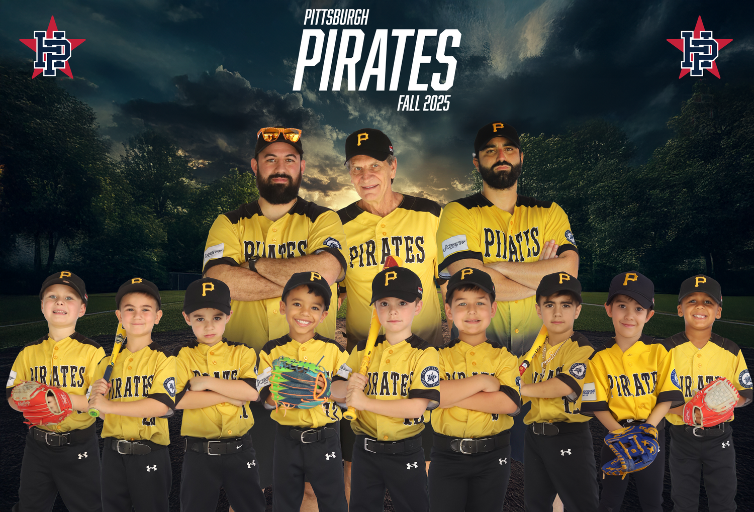 Youth baseball team and coaches in teal uniforms posing on field with Pittsburgh Pirates banner and sunset background.