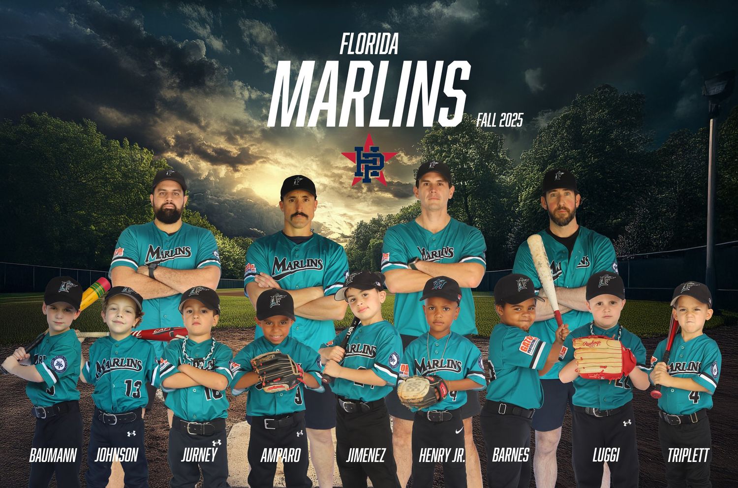 Youth baseball team and coaches in teal uniforms posing on field with Florida Marlins banner and sunset background.