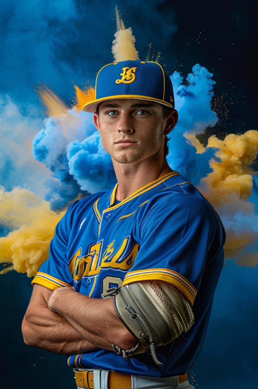 Young male baseball player in blue uniform posing with crossed arms in front of blue and yellow smoke background.
