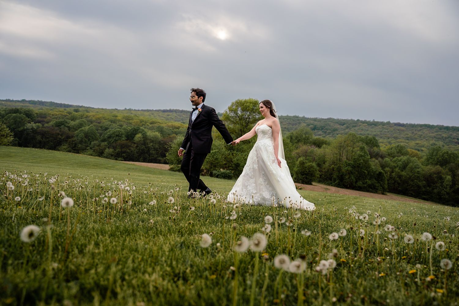Bride and groom walk hand-in-hand through a dandelion field with rolling green hills under a cloudy sky.