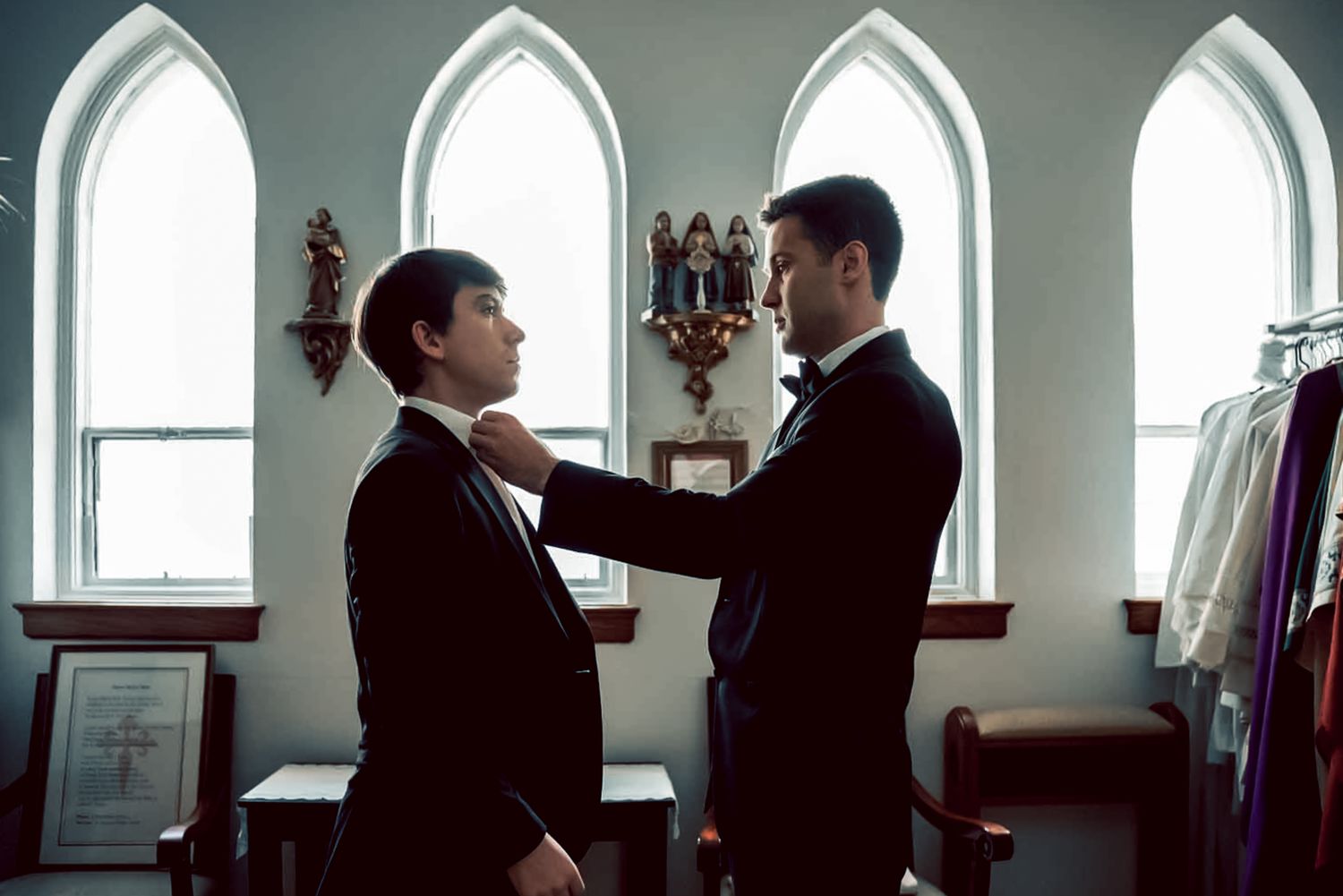 Two men in tuxedos adjusting bow ties inside a church before a wedding ceremony.