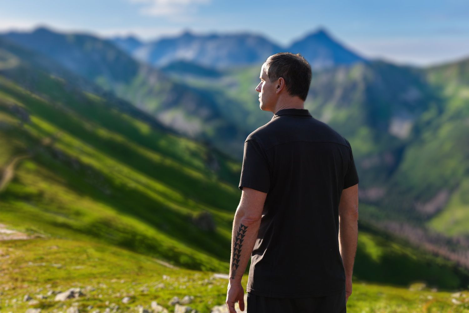 Man in black polo shirt with tattoo standing with his back turned admiring a lush green mountain landscape.