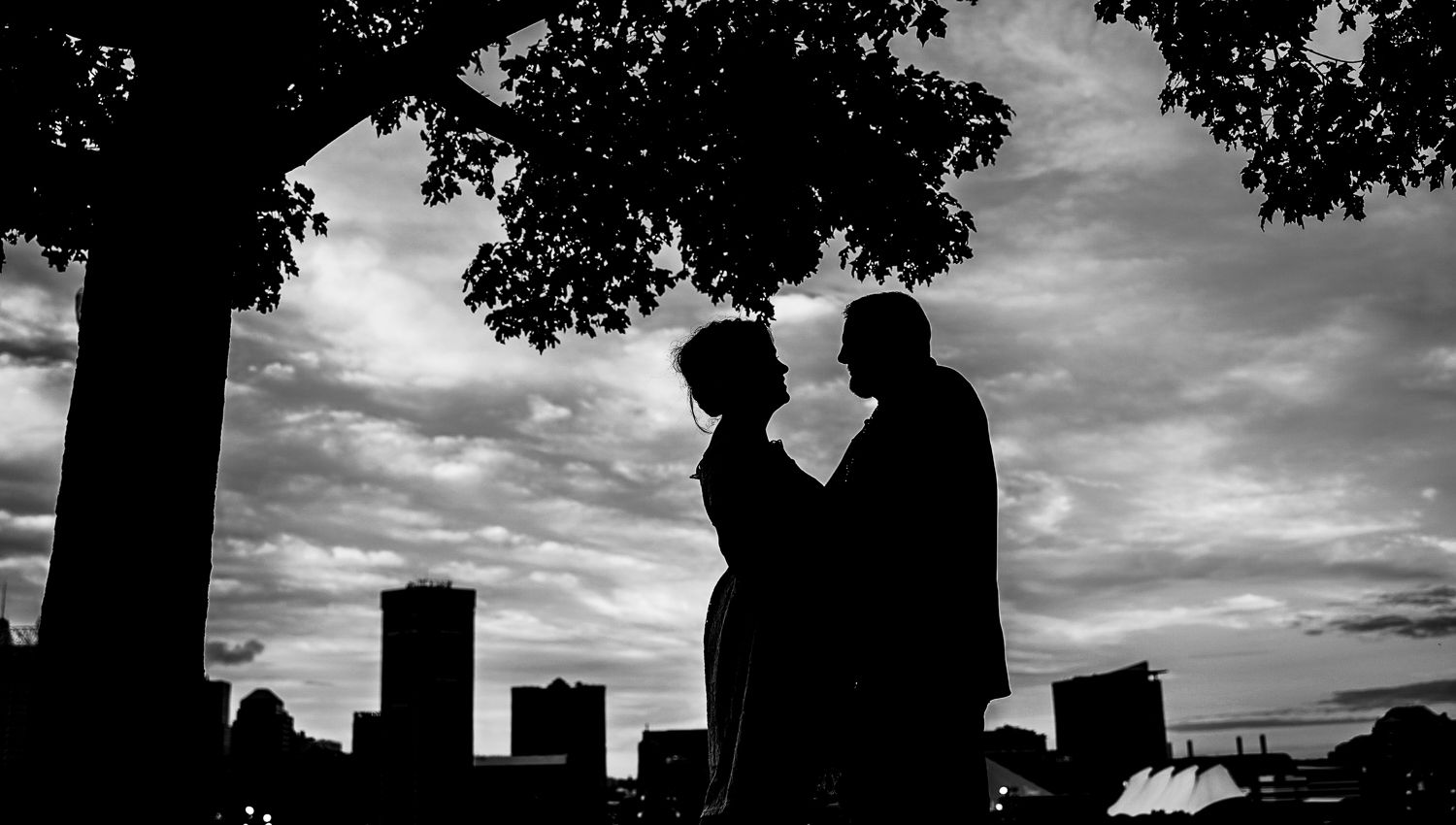 Romantic black and white silhouette of a couple facing each other under a tree with city skyline behind.