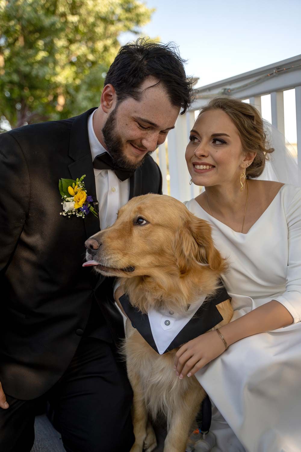 Bride and groom smiling with golden retriever wearing tuxedo bandana on outdoor steps.