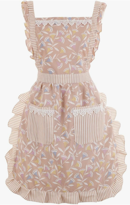 Vintage-style pink and white striped apron with floral pattern and ruffled trim features front pockets and adjustable straps.