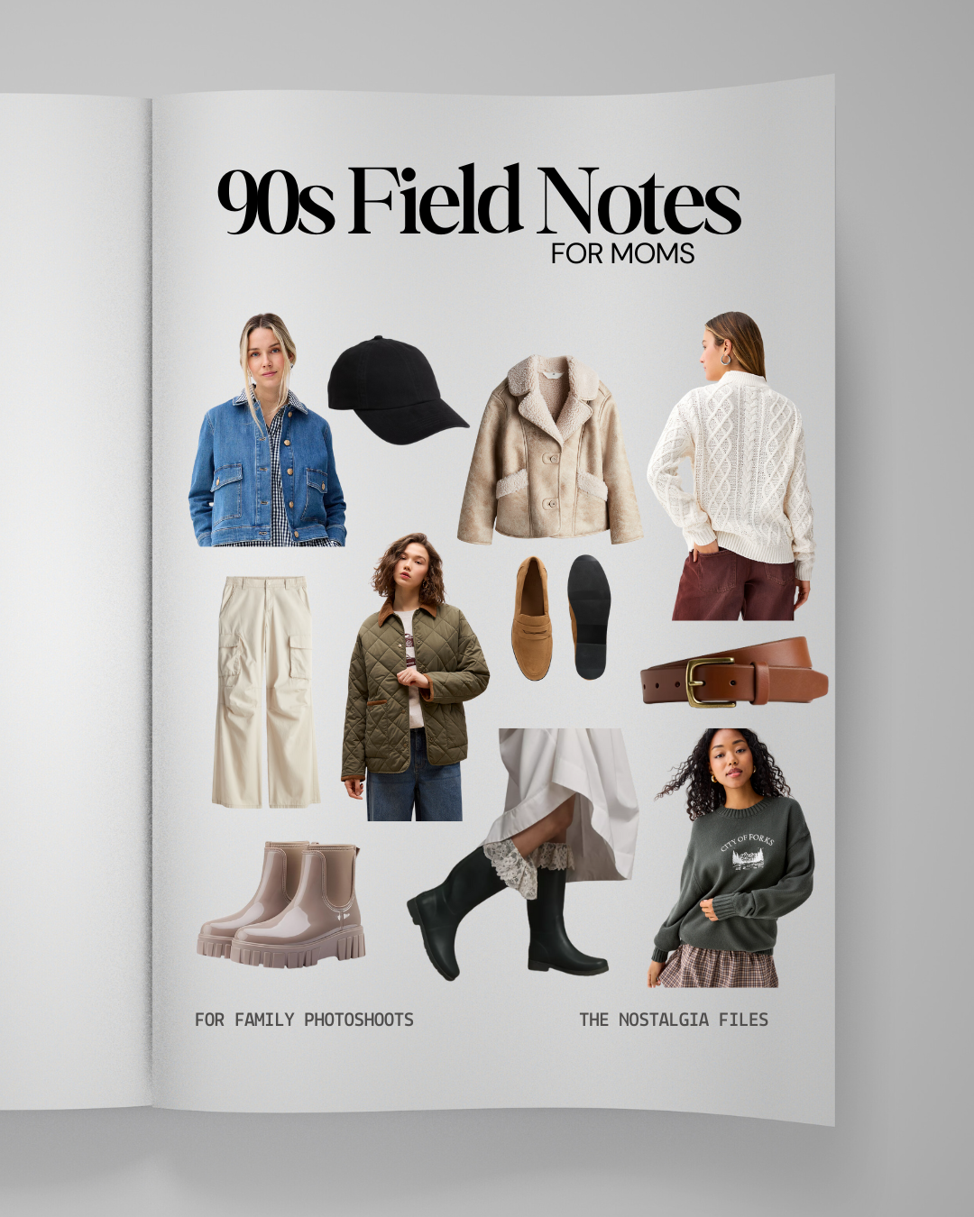 Fashion collage showing clothing, shoes and accessories in neutral tones arranged in a modern minimalist style.