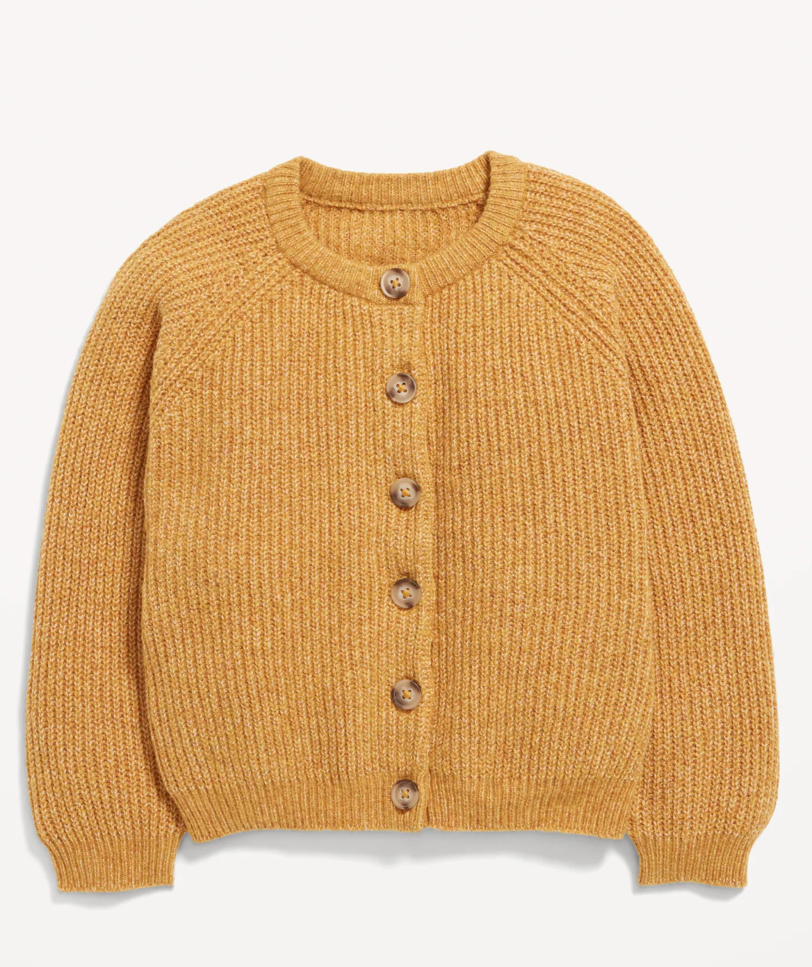 Mustard yellow knit cardigan sweater with button front closure.
