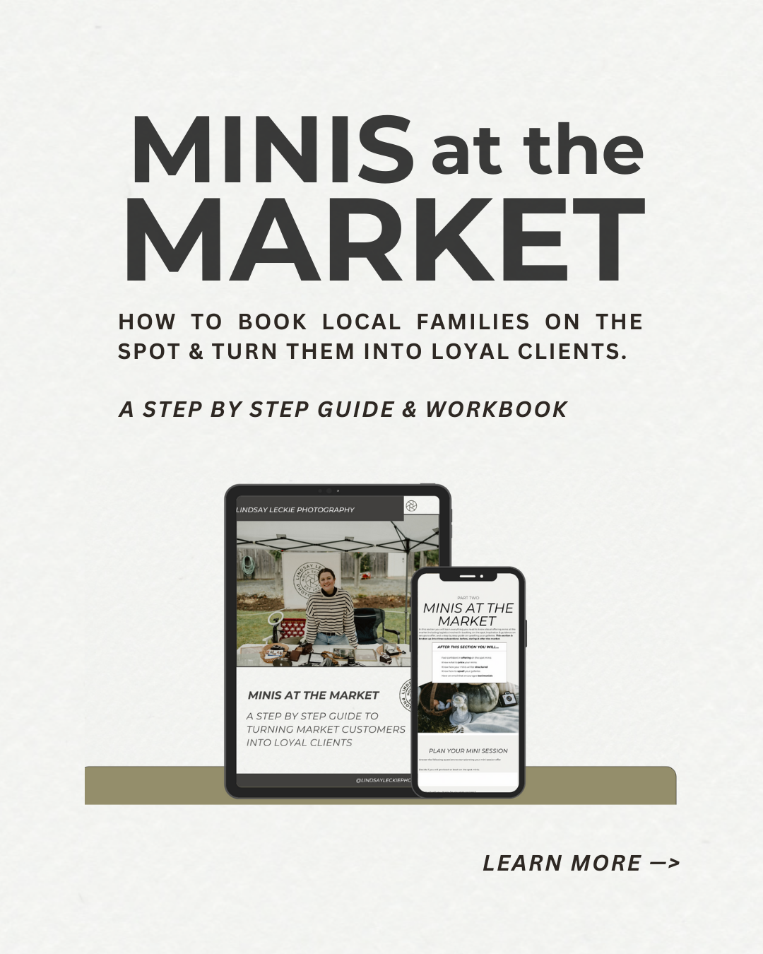 Marketing workbook mockup showing phone and tablet displays for 'Minis at the Market' guide to booking local clients.