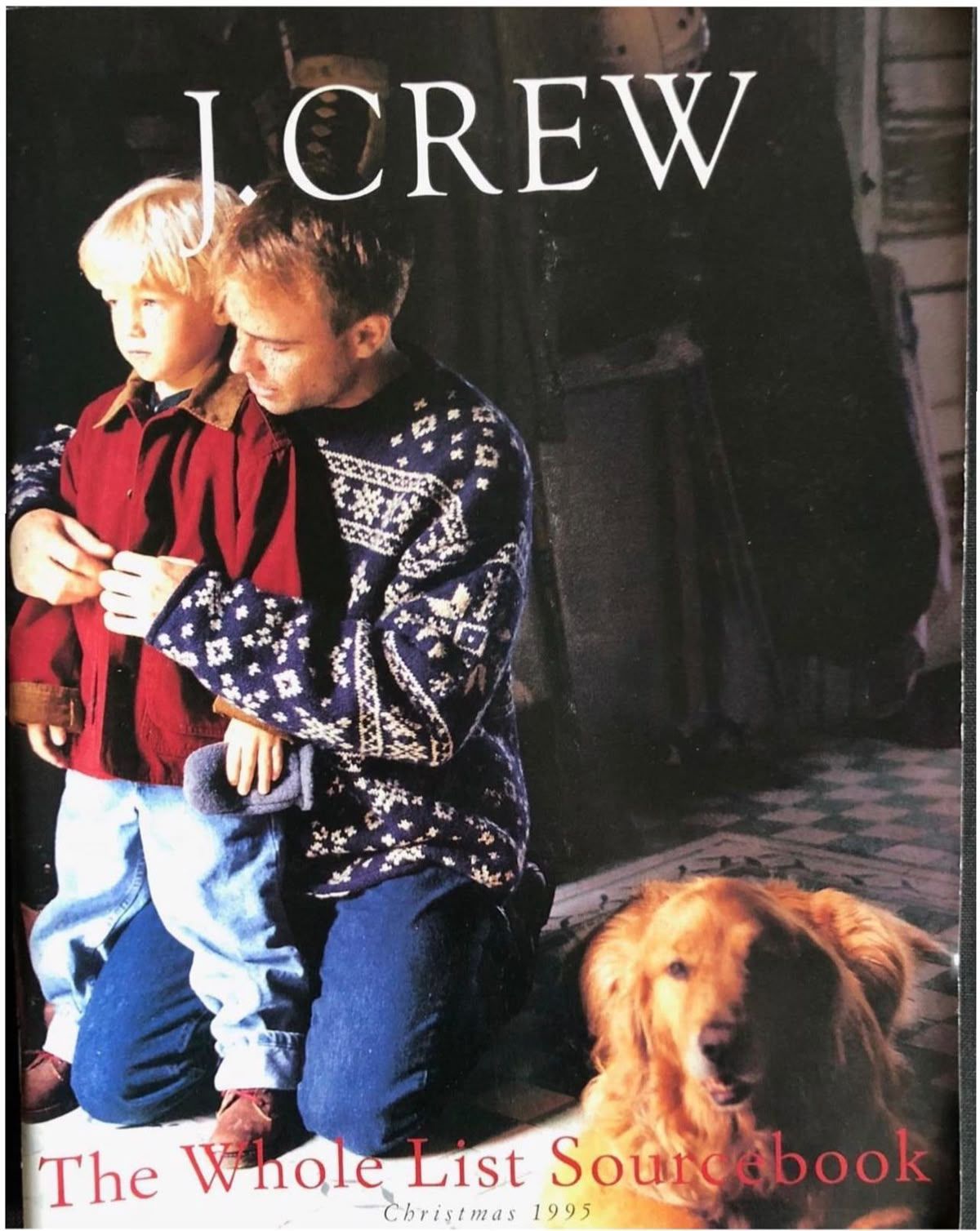 J.Crew fashion catalog cover from 1995 featuring winter clothing and a golden retriever dog in a dark interior setting.