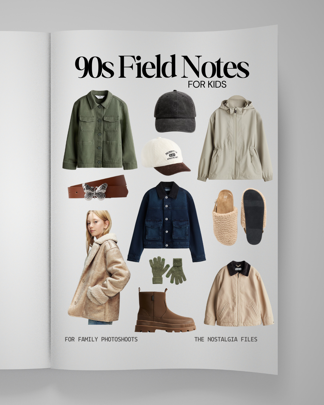 Fashion mood board featuring 90s Field Notes style clothing with earth tone jackets, boots and accessories arranged on white background.