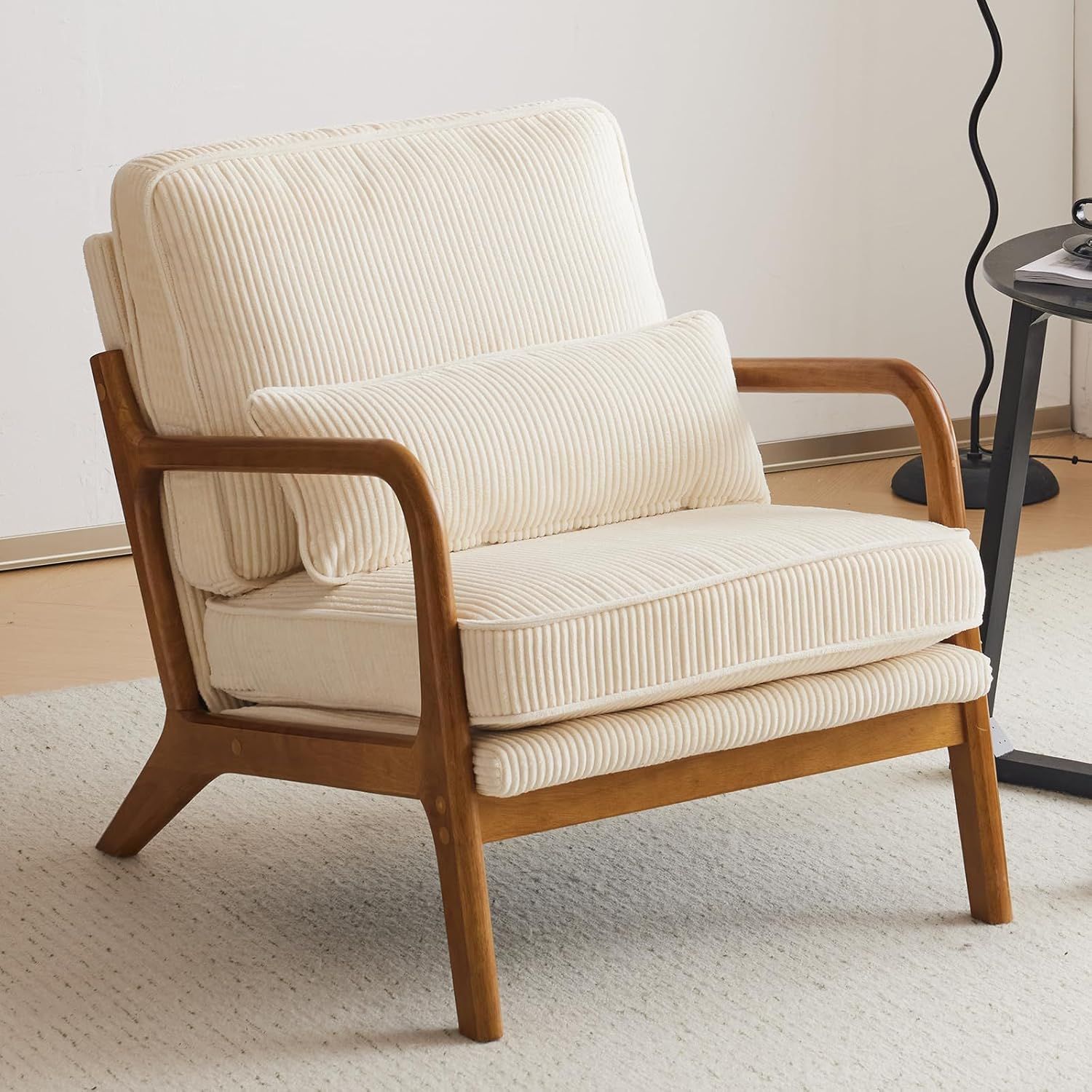 Modern brown leather armchair with wooden frame shown from multiple angles on beige carpet.