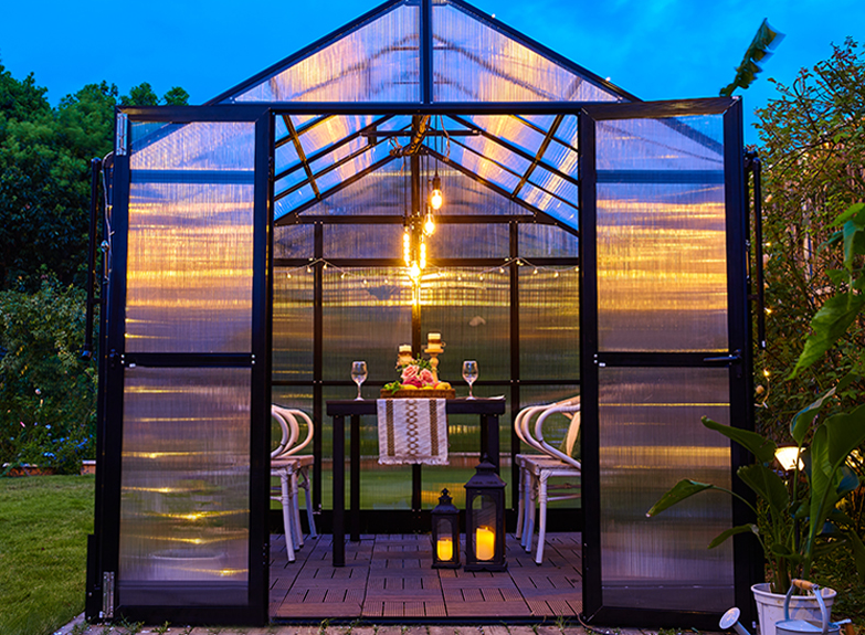 Modern greenhouse structure with wooden deck platform shown from multiple angles in natural outdoor setting.