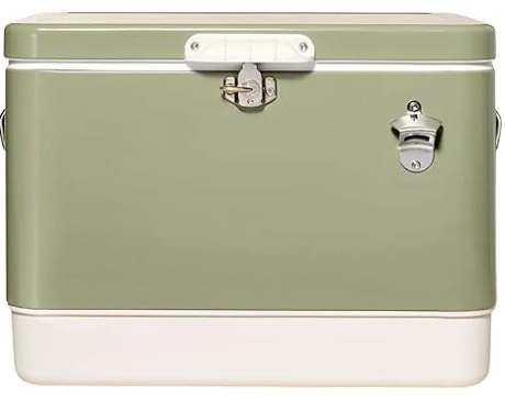 Vintage style mint green and white Coleman cooler shown from multiple angles displaying its classic retro design features.